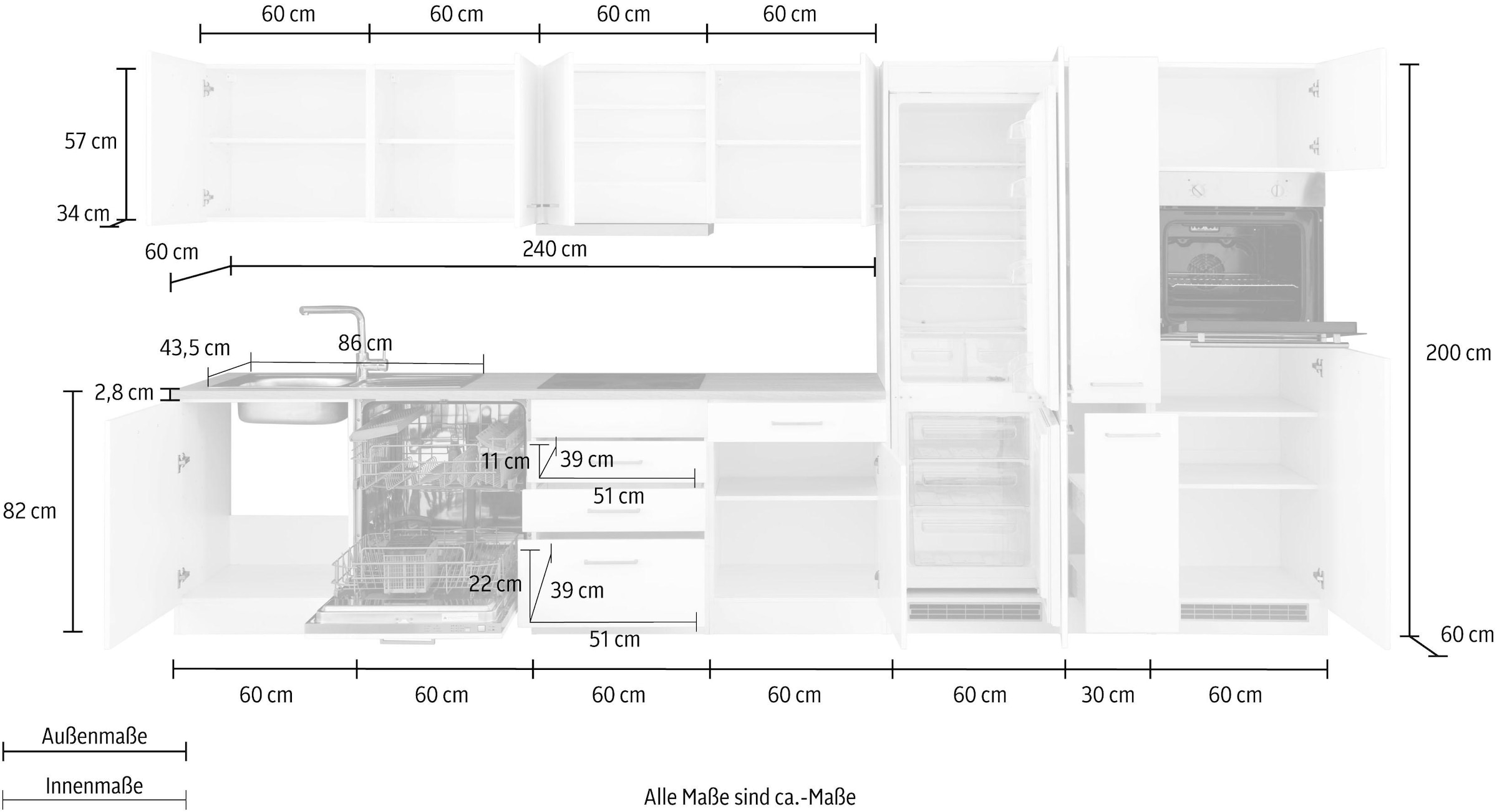 KOCHSTATION Küchenzeile »KS-Visby«, mit E-Geräten, Breite 390 cm inkl. Kühl/Gefrierkombination