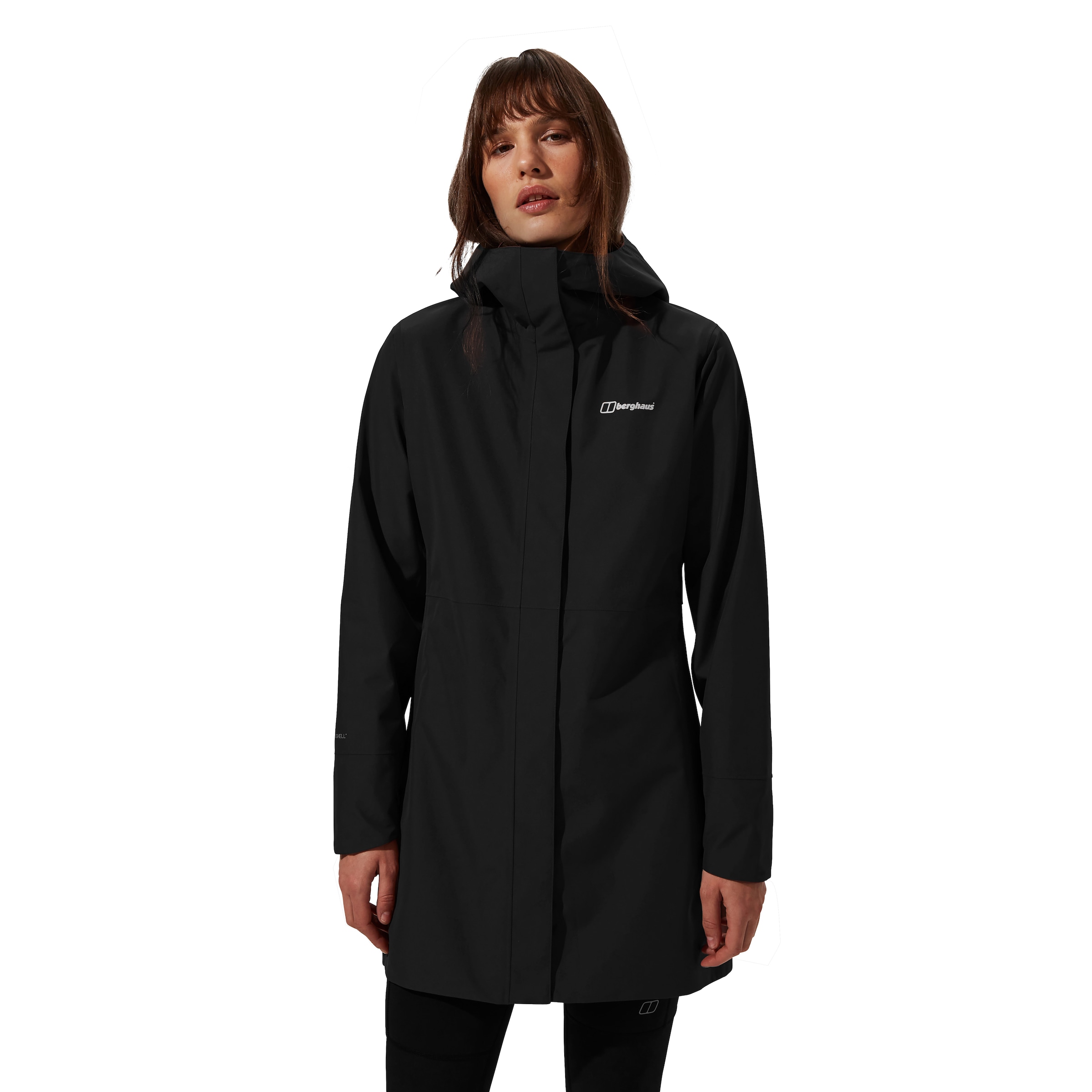 Berghaus Softshelljacke "OMEARA LONG SHELL JKT AF" mit verstellbarer Kapuze, atmungsaktiv, wasserdicht, lange Passform