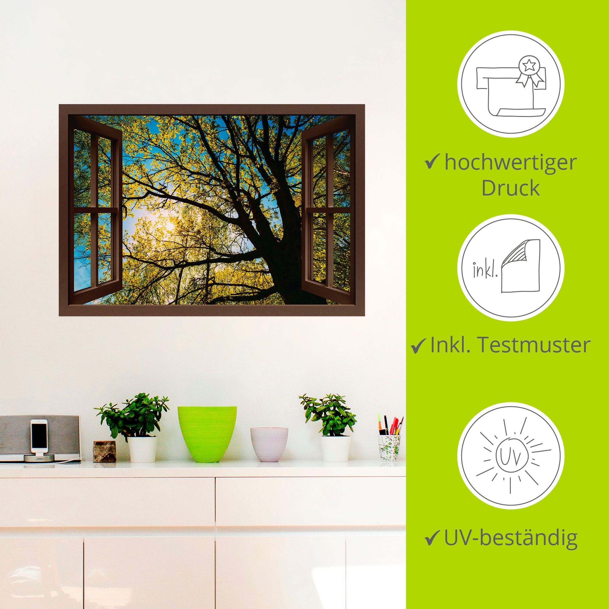 Artland Wandfolie »Fensterblick Frühlingssonne Baumkrone«, Baumbilder, (1 St.), selbstklebend