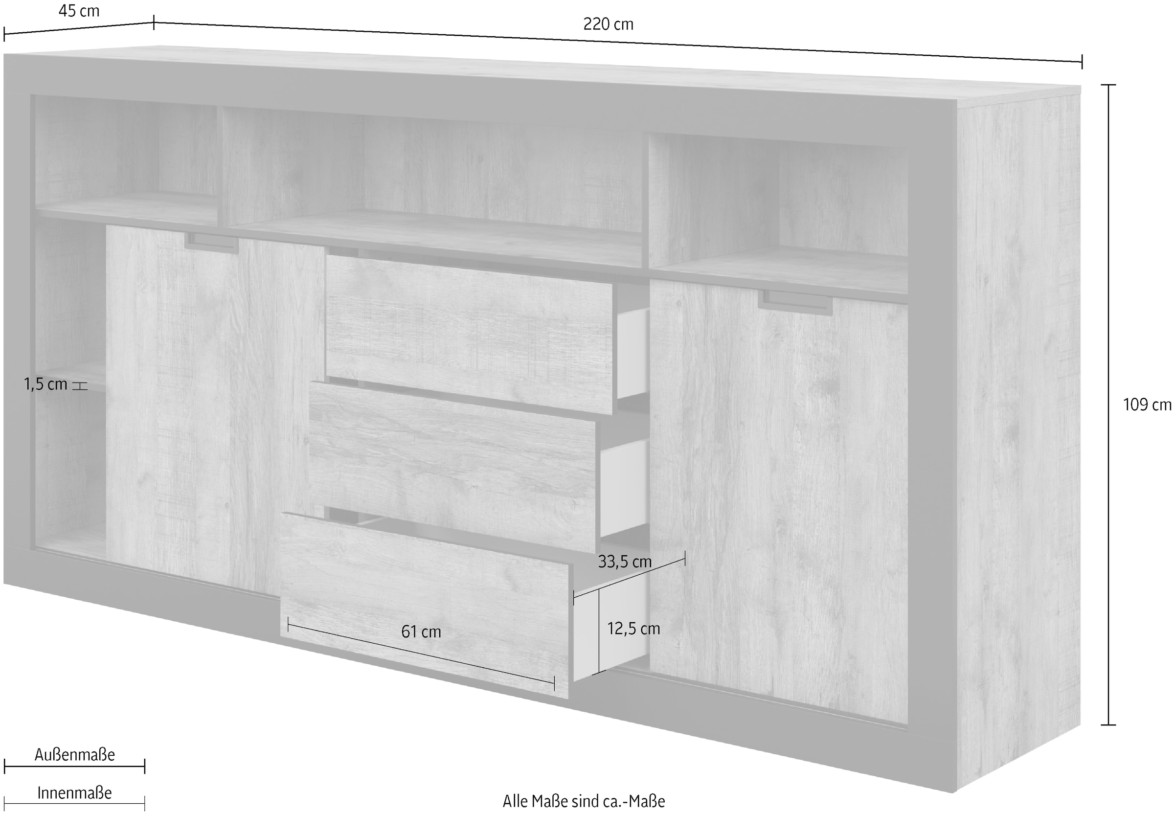 INOSIGN Highboard »Tudor, Breite 220 cm Aufbewahrungsschrank 2 Schiebetüren/3 Schubkästen«, Hochschrank, Kommode Landhausstil viel Stauraum, Böden verstellbar