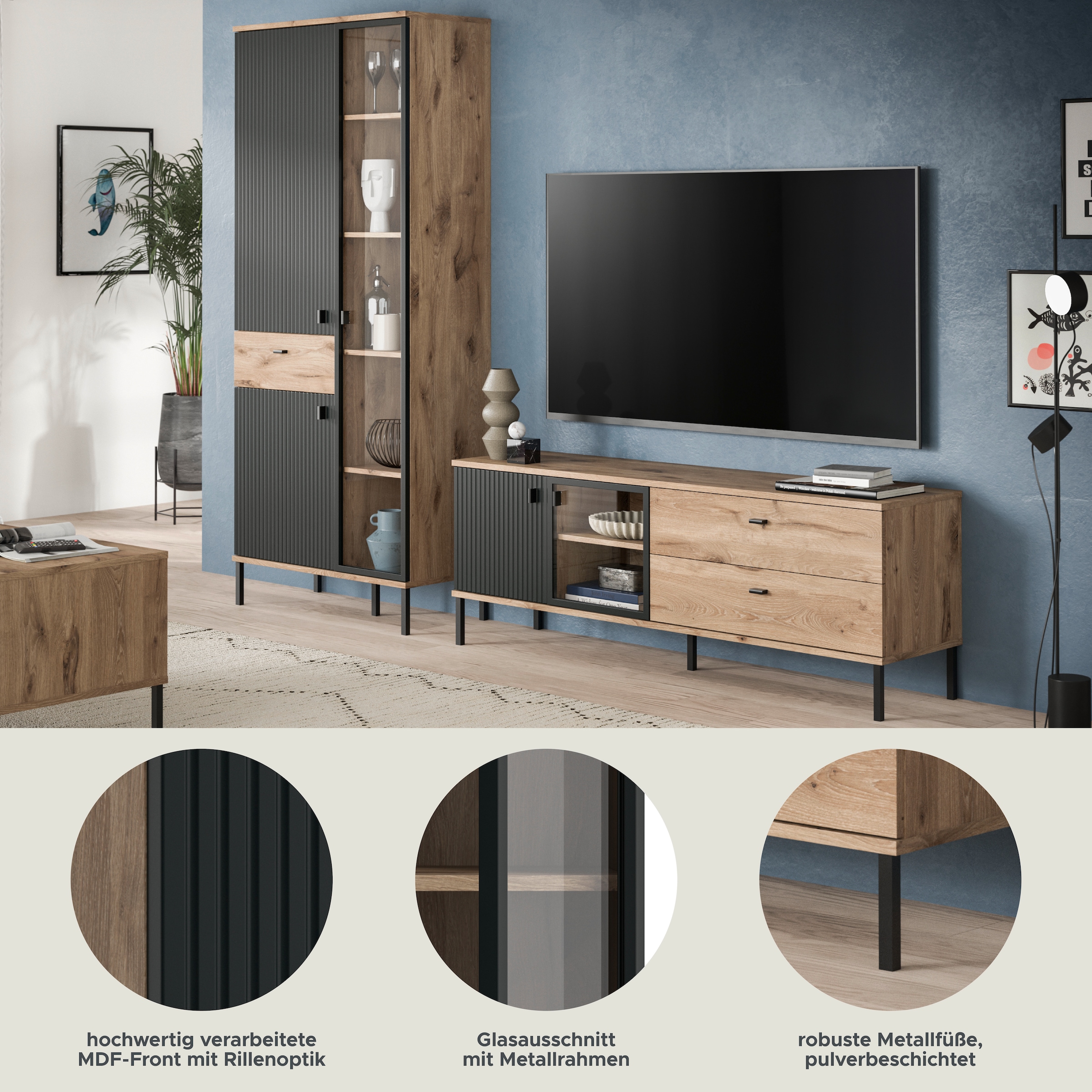 INOSIGN Wohnwand »TREVERK, Breite: 252 cm, hochwertige MDF-Front schwarz tiefzieh« Set, Set, best. aus: 1 Stauraumvitrine, 1 Lowboard, 2 Stk. tlg.