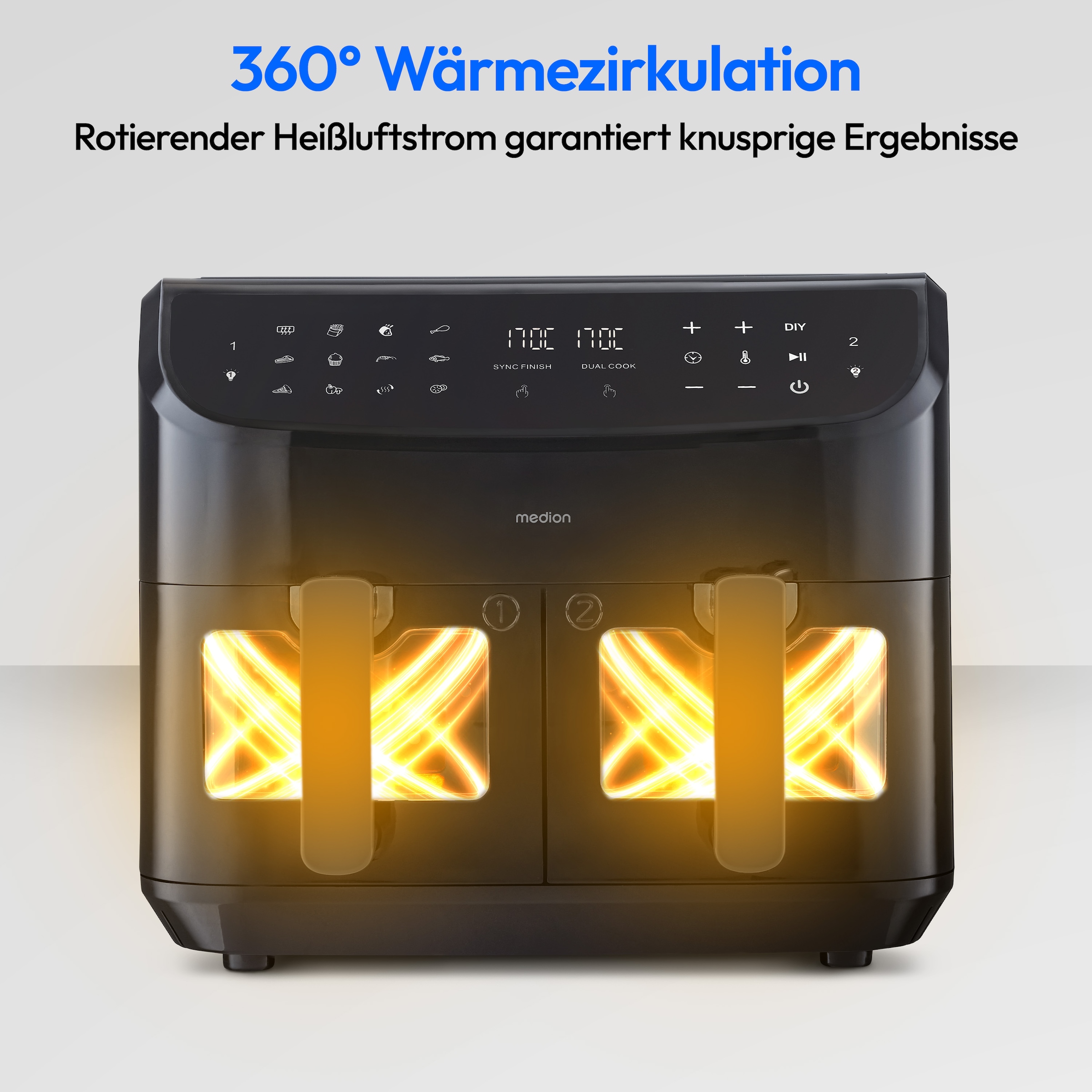 Medion® Heißluftfritteuse »P20 XL (MD 11760) 8,7 L Korbvolumen, 9 Automatikprogramme, Dual Cook«, 2400 W, Temperatur 50 - 200 °C, ILAG Beschichtung, Sync-Finish