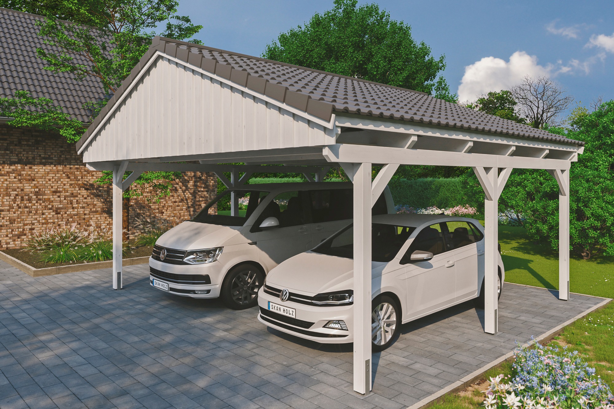 Skanholz Doppelcarport "Fichtelberg", Leimholz-Nordisches Fichtenholz, weiß, mit Dachlattung