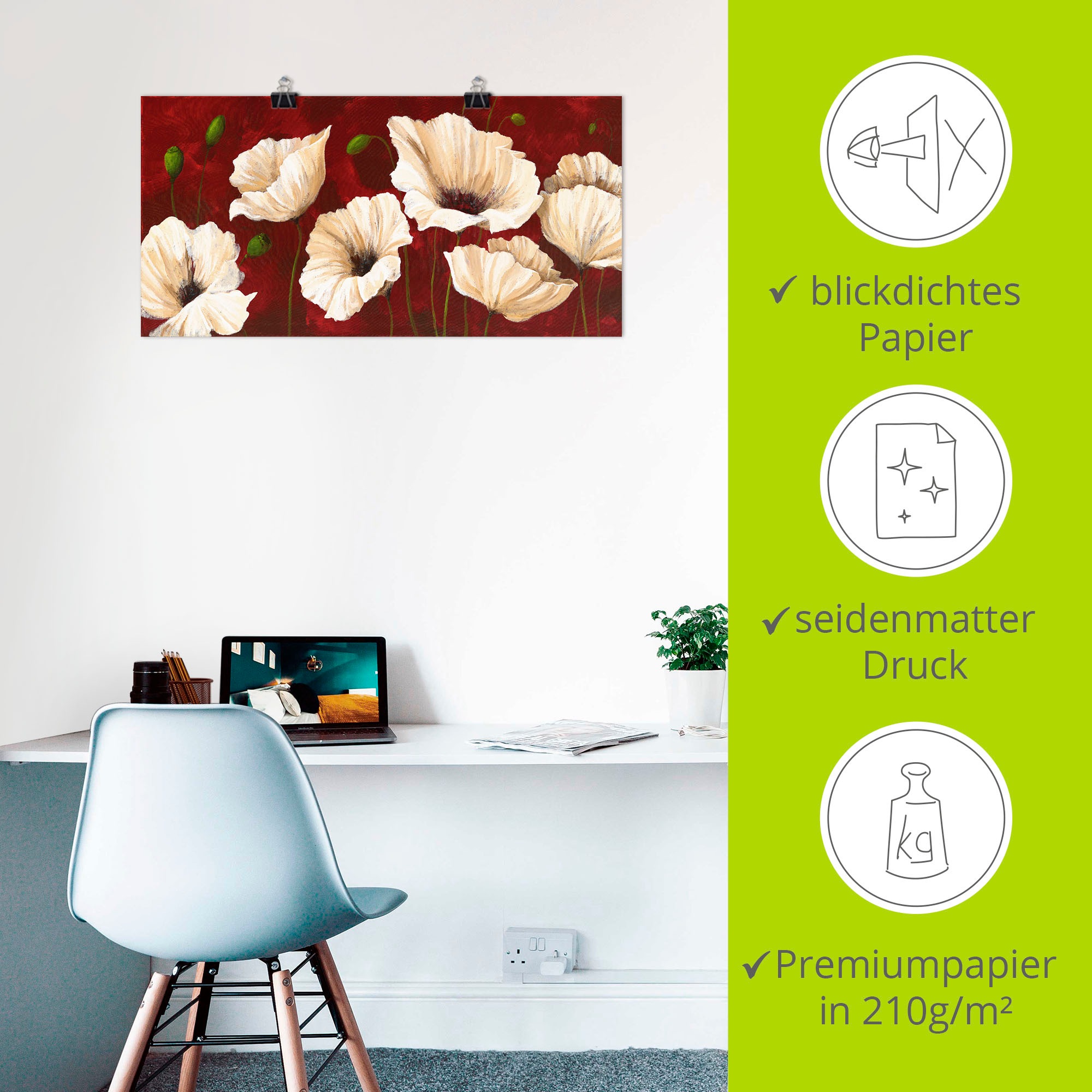 Artland Wandbild »Weiße Mohnblumen vor rot«, Blumen, (1 St.), als Alubild, Outdoorbild, Leinwandbild, Poster, Wandaufkleber
