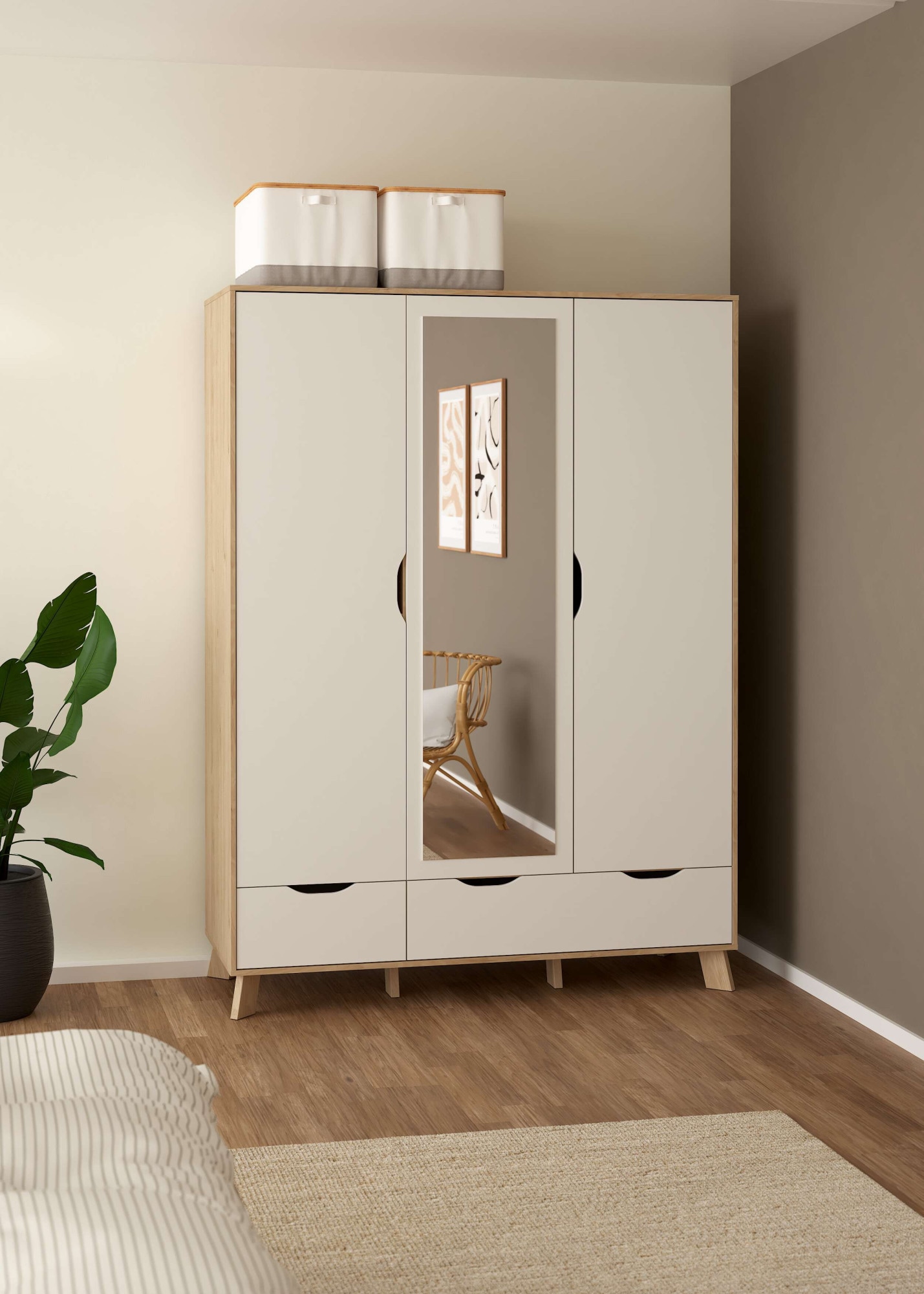 andas Kleiderschrank »Ikast Drehtürenschrank, Spiegeltür, Aufbewahrung, Schrank, Stauraum«, 1 Spiegeltür, 2 Türen, 3 Schubladen, Höhe 201 cm, Breite 147 cm