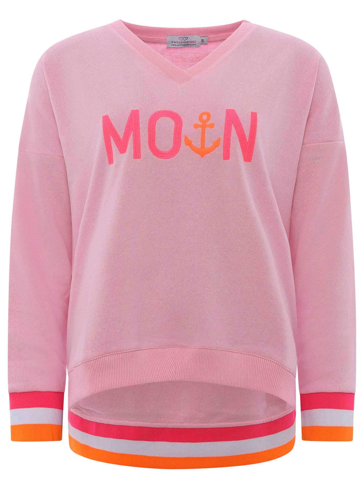 Zwillingsherz Sweatshirt, mit V-Ausschnitt und aufgesticktem "Moin" in Neonfarben