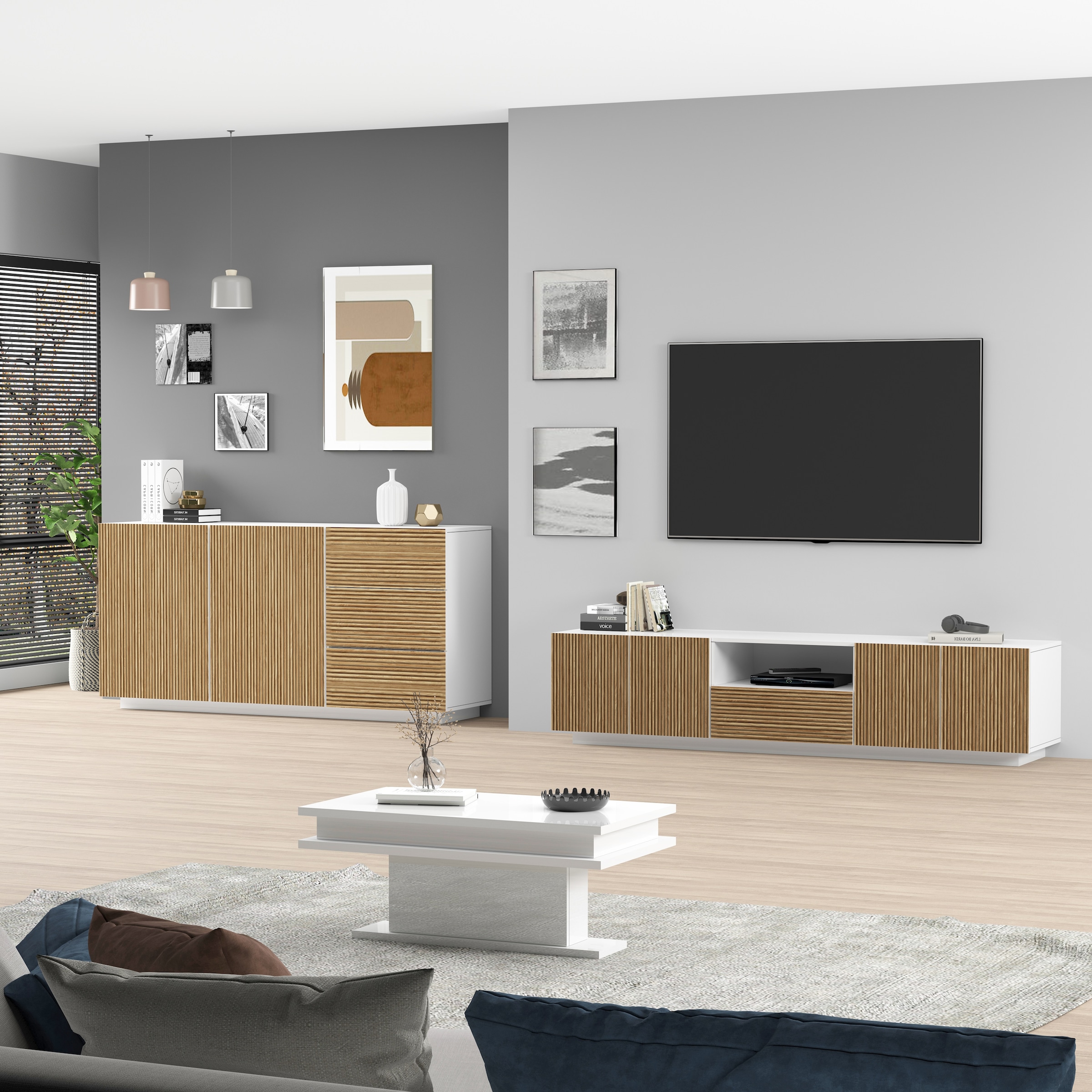 INOSIGN Lowboard »Vega,Lowboard,TV Board,TV Schrank,220 cm«, mit 4 Türen und 1 Schublade,Fronten mit Rillen-Optik