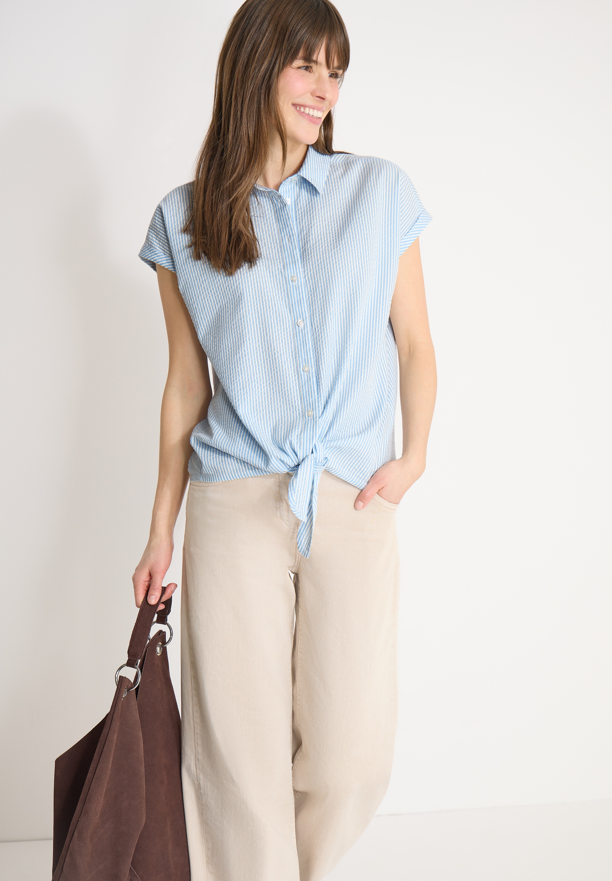 Kurzarmbluse CECIL, Damen, Gr. 3XL, cloud blau, Web, 75% Baumwolle, 25% Modal, unifarben, klassisch normal, V-Ausschnitt, Bündchen, Blusen, mit Knoten am Saum