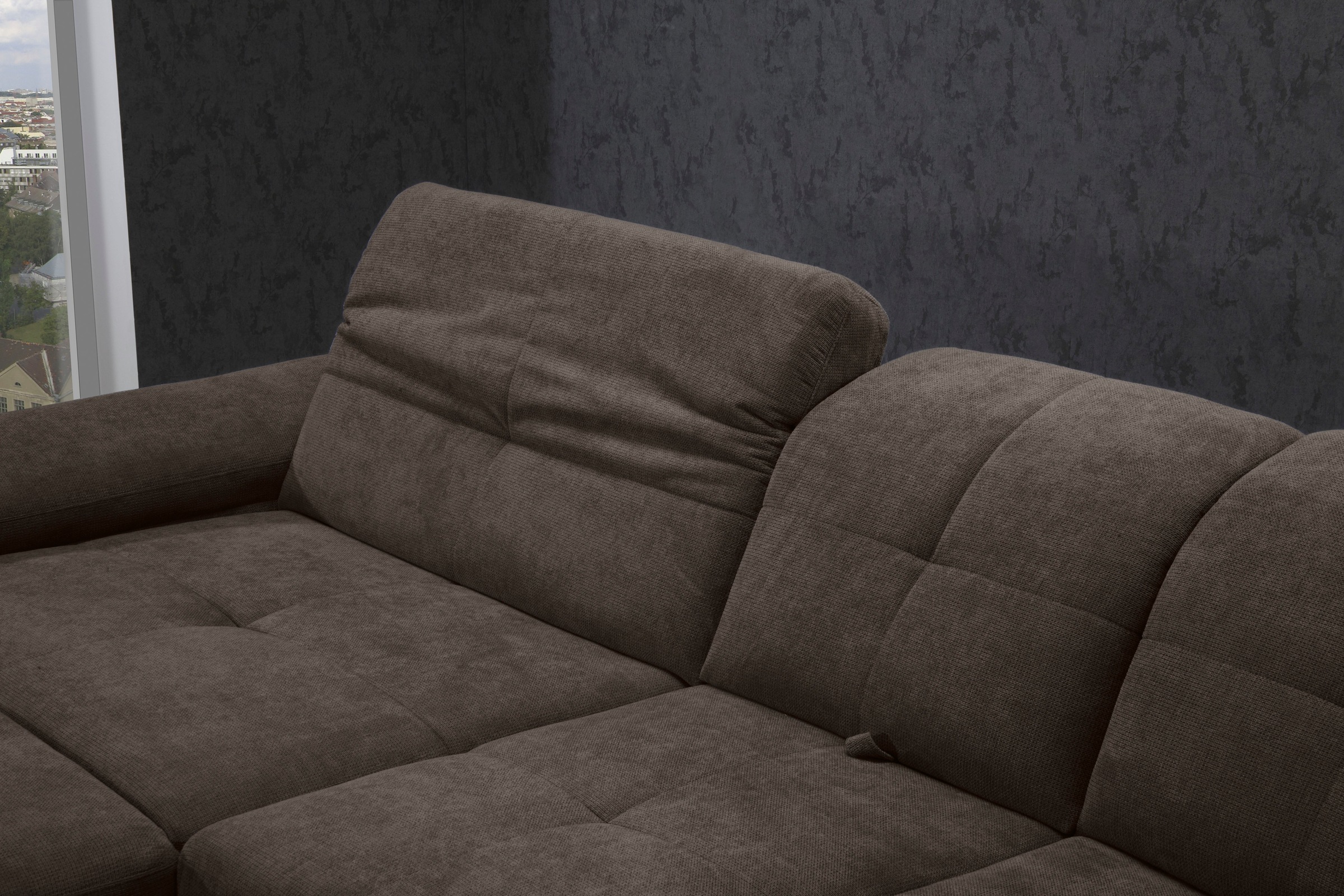 Ecksofa ALINA "Nadira", braun (dunkelbraun xbo 4), B:271cm H:91cm T:199cm, Struktur fein XBO (90% Polyester, 10% Polyamide);Chenille GCP (100% Polyester), Sofas, Ecksofa, wahlweise mit Bettfunktion und Stauraum 8