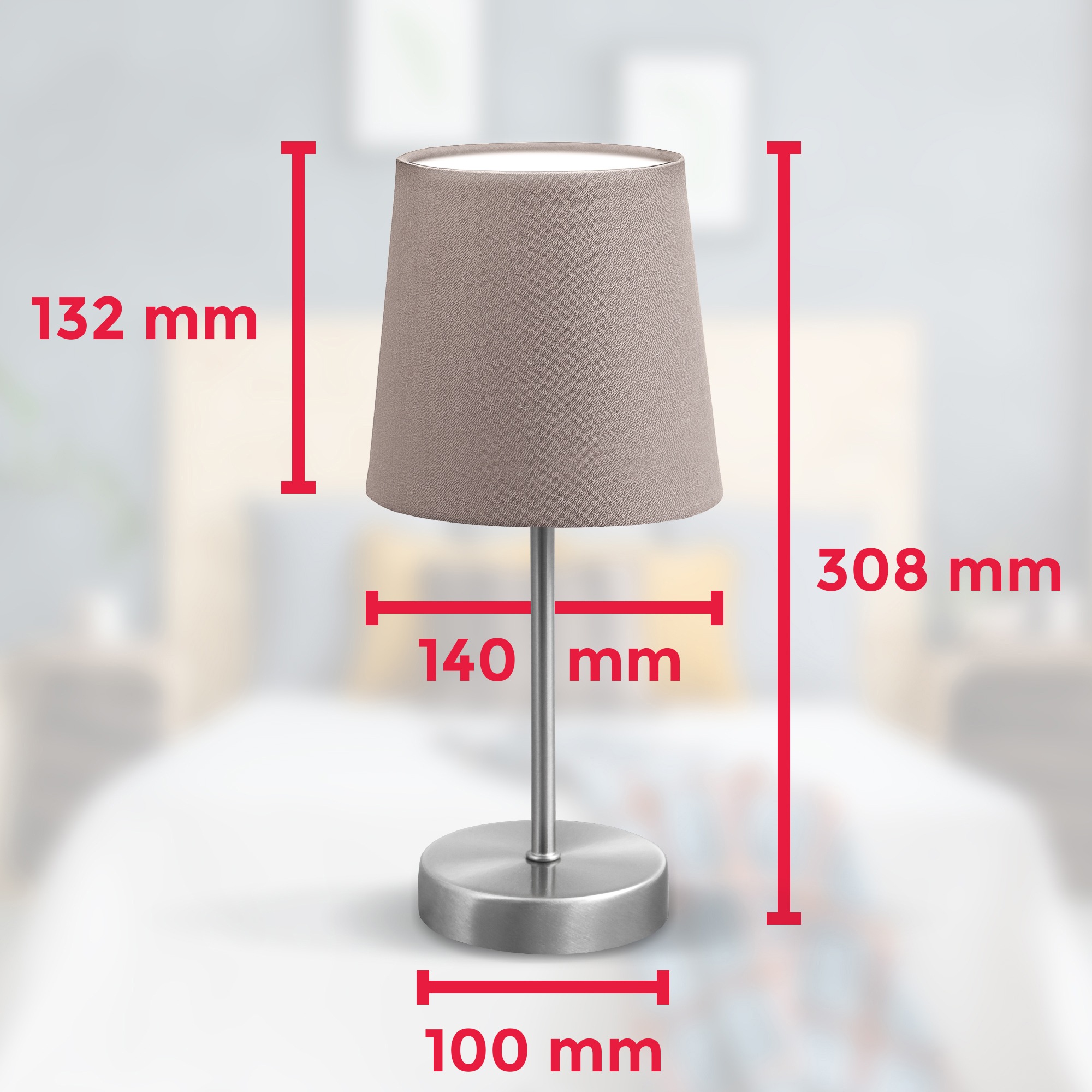 taupe Schalter 1 BAUR IP20 Tischleuchte, | E14 Stoff flammig-flammig, LED mit B.K.Licht matt-nickel Nachttischlampe