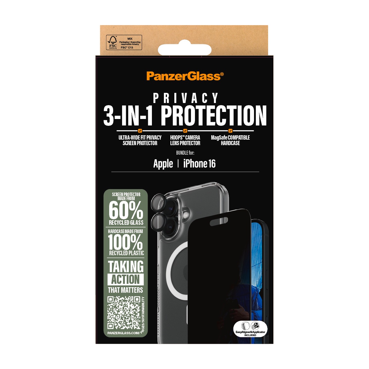 PanzerGlass Displayschutzglas »3-in-1 Privacy Protection«, für Apple iPhone 16, (Set, 3 St., bestehend aus Ultra-Wide Fit Privacy Glass, Hoops, Case), Displayschutzfolie, Set, Kameraglas, Cover, MagSafe, kratz- & stoßfest