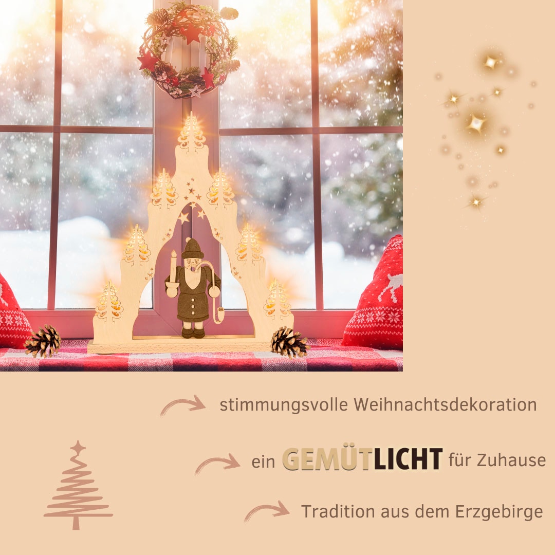 Weigla LED Schwibbogen »Räuchermann, Lichterspitze aus Holz, NATUR-BRAUN«, Erzgebirge garantiert, Weihnachtsdeko Innen, Weihnachtsbeleuchtung