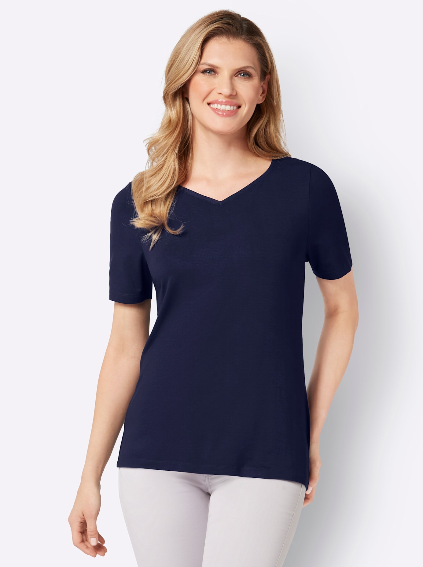 Kurzarmshirt CLASSIC BASICS "Kurzarm-Shirt", Damen, Gr. 38, blau (marine), 95% Viskose, 5% Elasthan, unifarben, herzförmiger Ausschnitt, Shirts