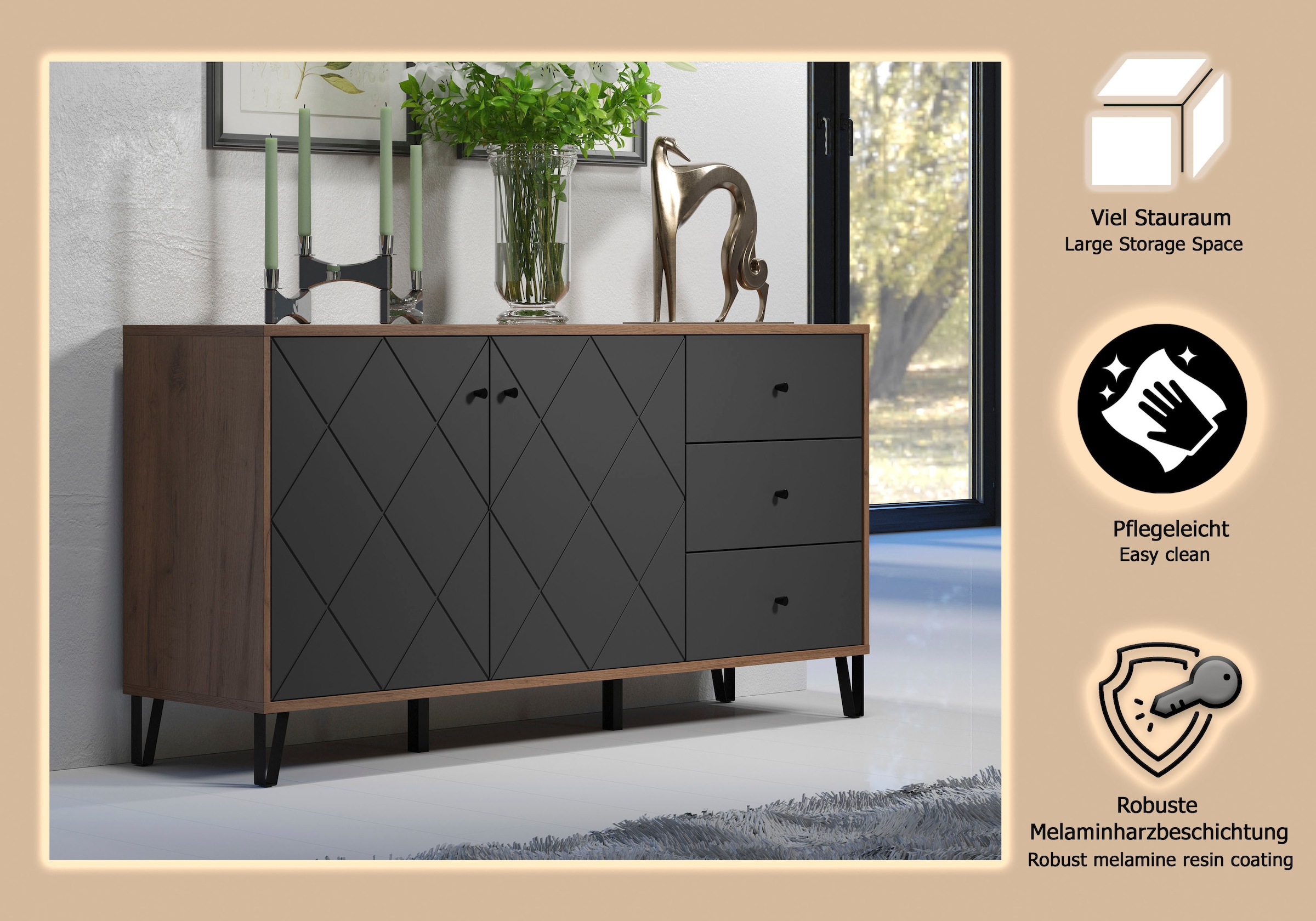 Home affaire Sideboard »Molveno« 1 Stk. tlg. Sideboard, 2 Türen, 3 Schubkasten & Soft-Close - (B/T/H) 183/40/76 cm