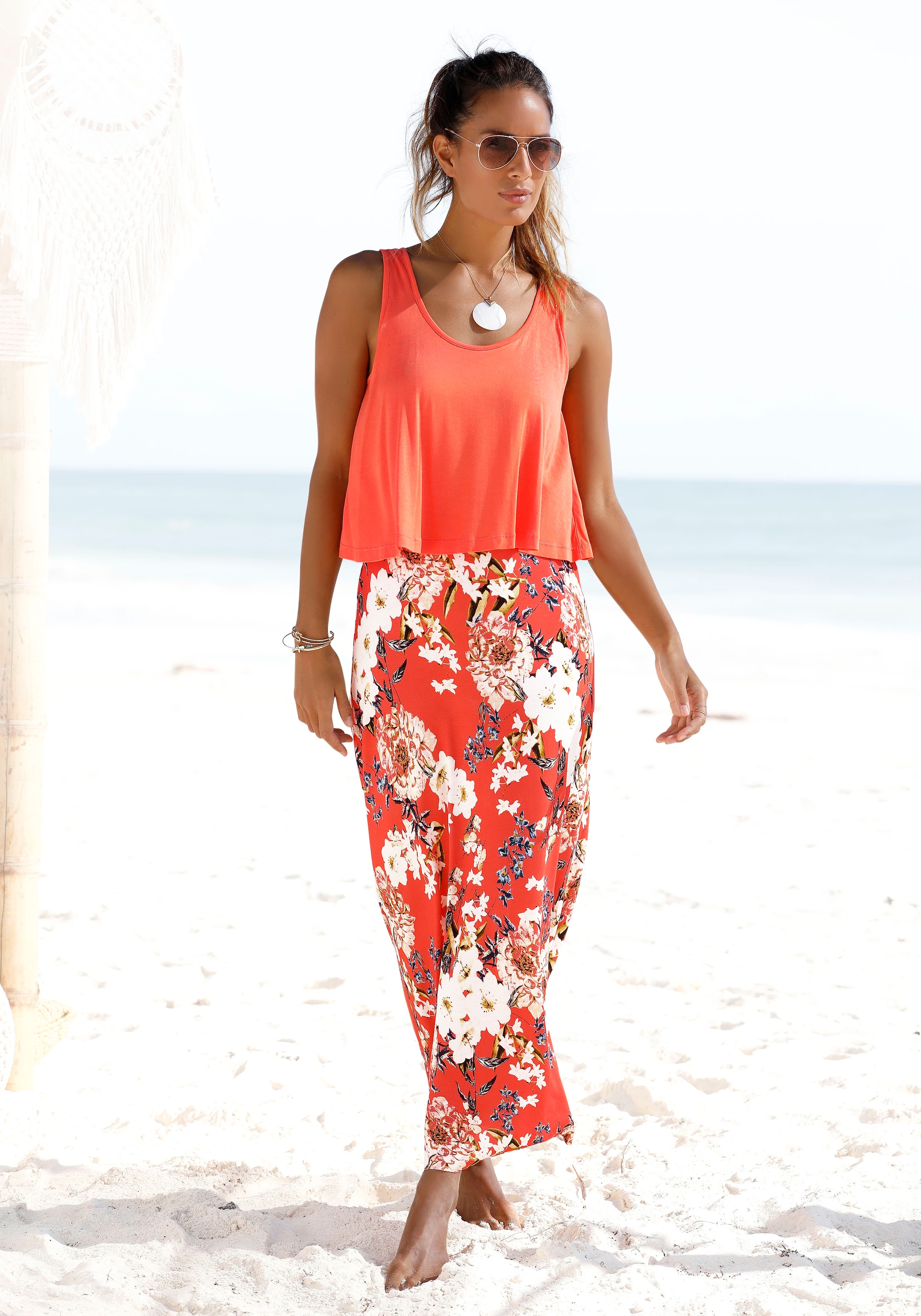 s.Oliver Maxikleid "im Lagen-Look mit Blumenprint" lockeres Sommerkleid, Strandkleid, Blumenkleid, Jerseykleid