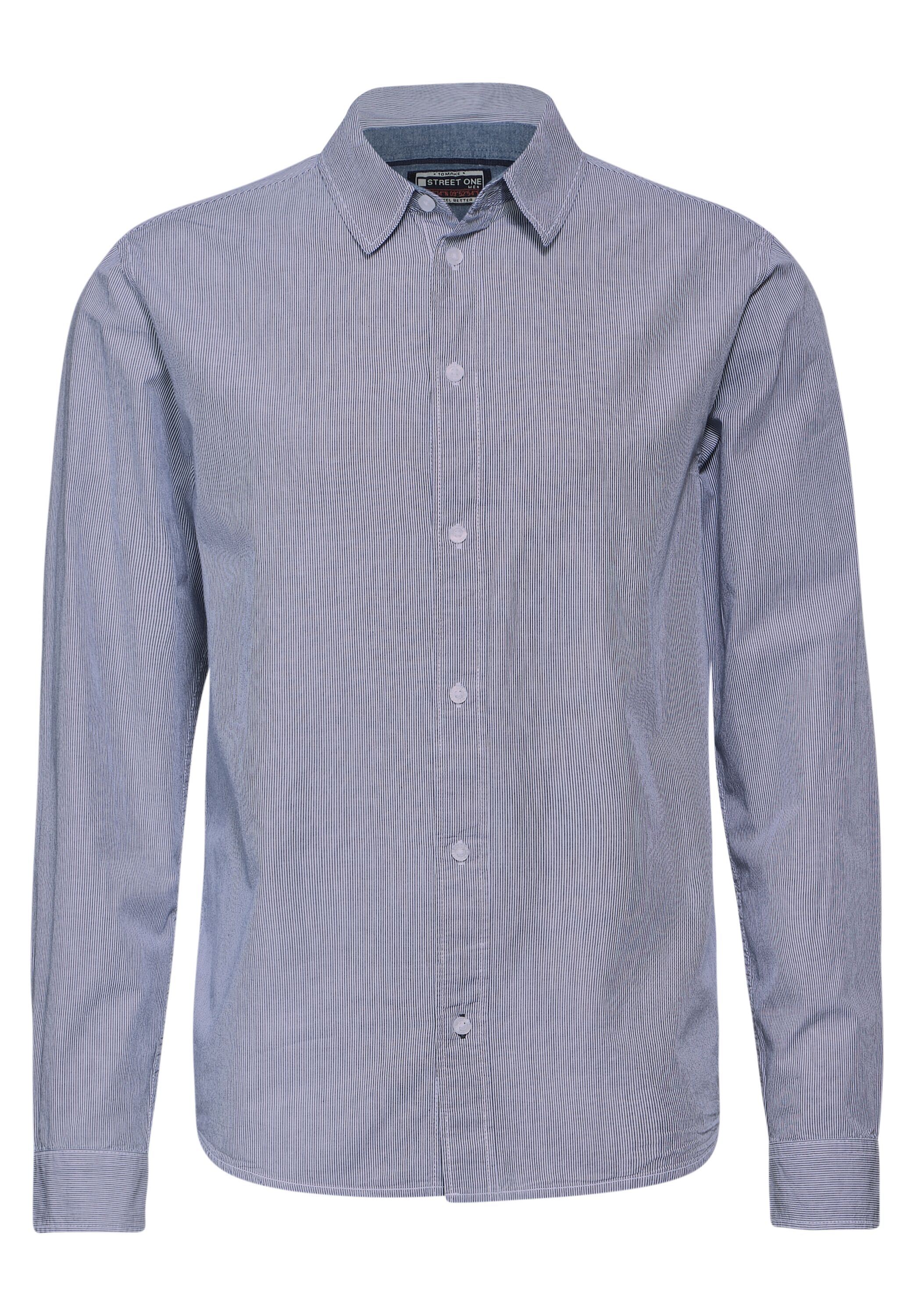 Langarmhemd STREET ONE MEN, Herren, Gr. L42, US-Größen, blau (schwarz maritime blau), Web, 100% Baumwolle, gestreift, gerade hüftlang, V-Ausschnitt, Bündchen, Hemden, aus reiner Baumwolle 3