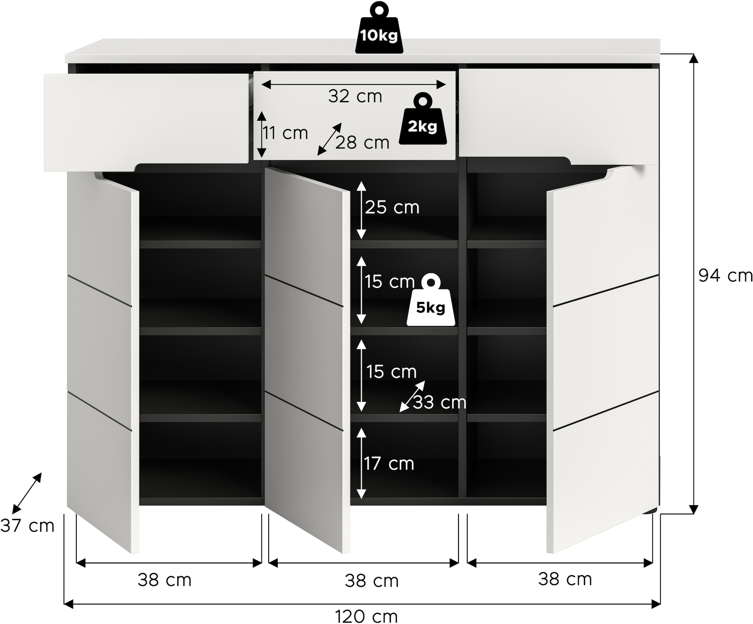 Home affaire Garderobenschrank »REHAT, TOPSELLER!, Breite 120 cm, 3 Türen, 3 Schubkästen, 12 Fächer« in verschiedenen Farben erhältlich, Platz für ca. 24 Paar Schuhe, 1 Stk. tlg. Schuhschrank, Kommode, Schuhkommode, Anrichte, Sideboard