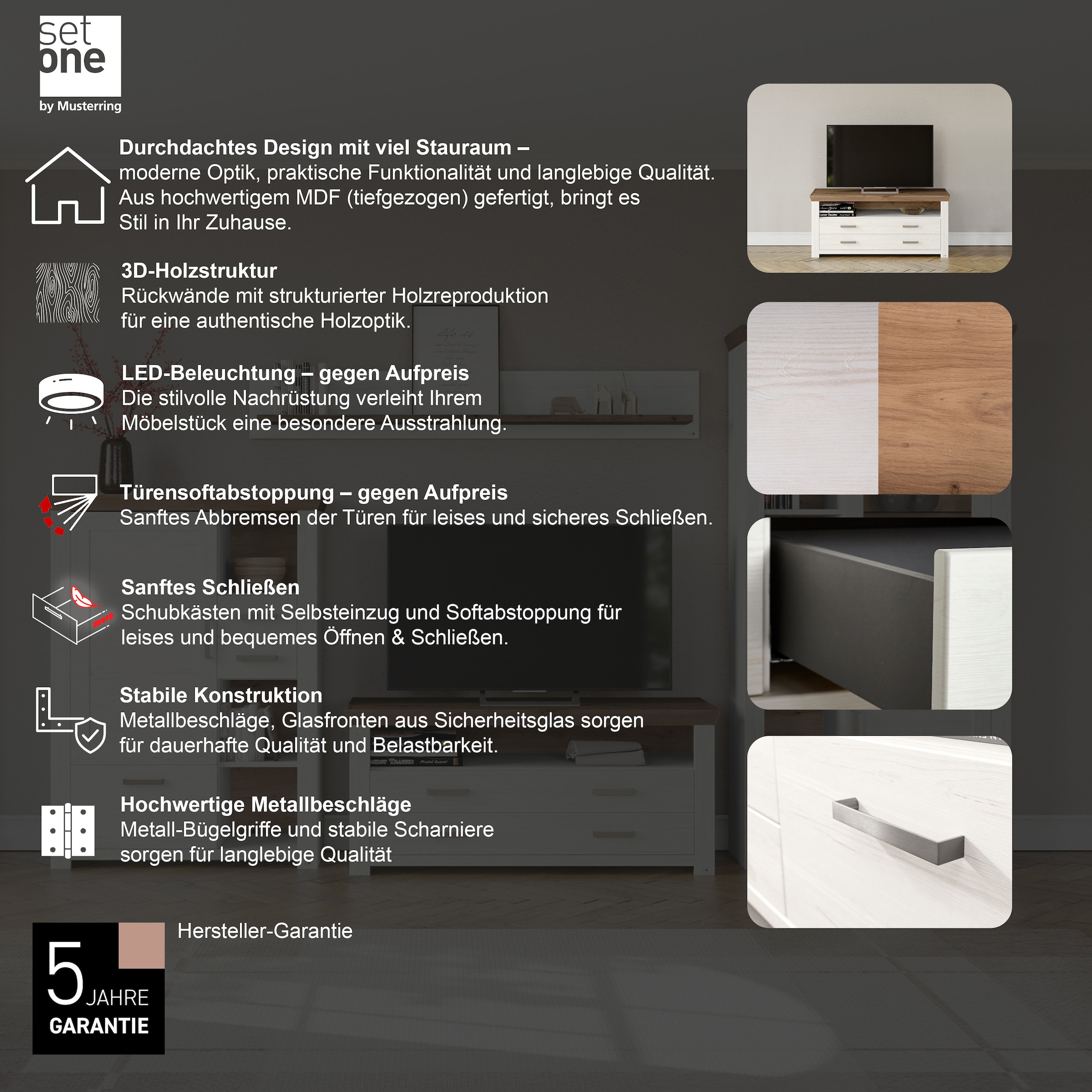 set one by Musterring Lowboard »York«, Typ 32, mit 4 Schubkästen, Beleuchtung optional, Breite 140 cm