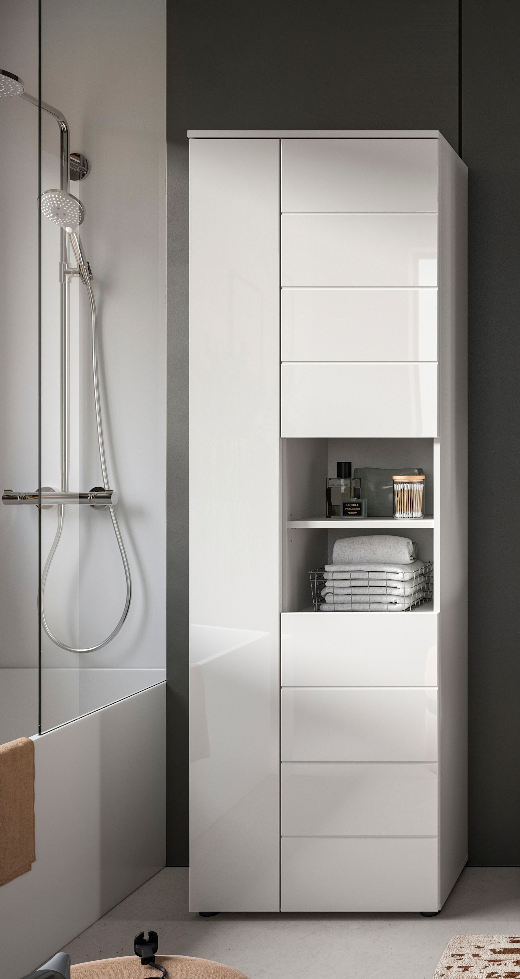 welltime Hochschrank »Biel, 190 cm, 3 Türen, 2 offene Fächer«, (1 St.), Türanschlag wechselbar, modernes Design, Badschrank, Unterschrank, Bad