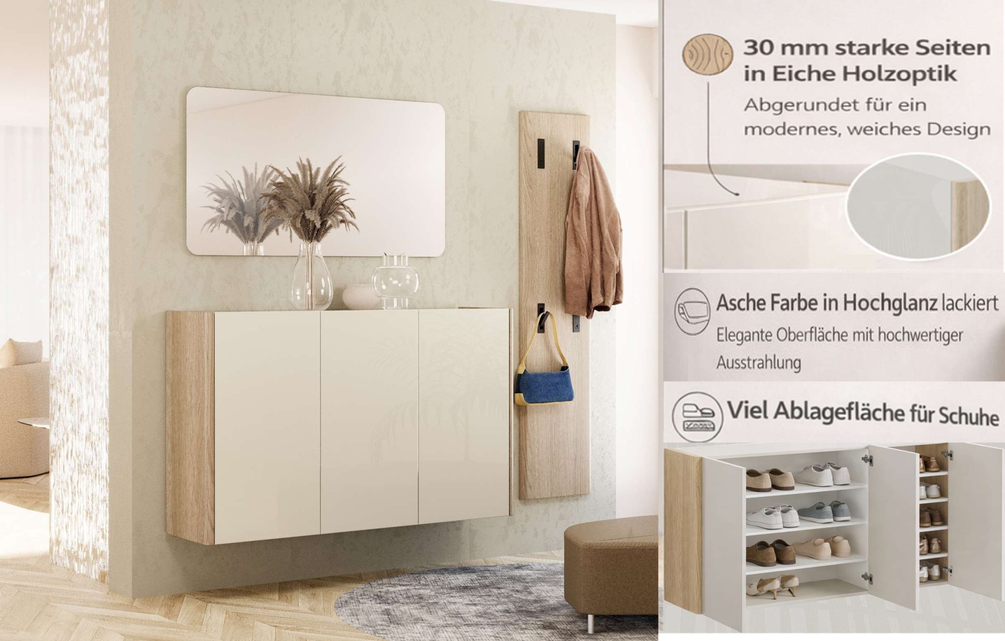 Home affaire Hängeschuhschrank »DILLON, Schuhschrank,Schuhkommode, Schuhregal, Schuhkipper« 1 Stk. tlg. Breite 141 cm, hängend, 3 Türen, Hochglanz lackiert, Made in Italy