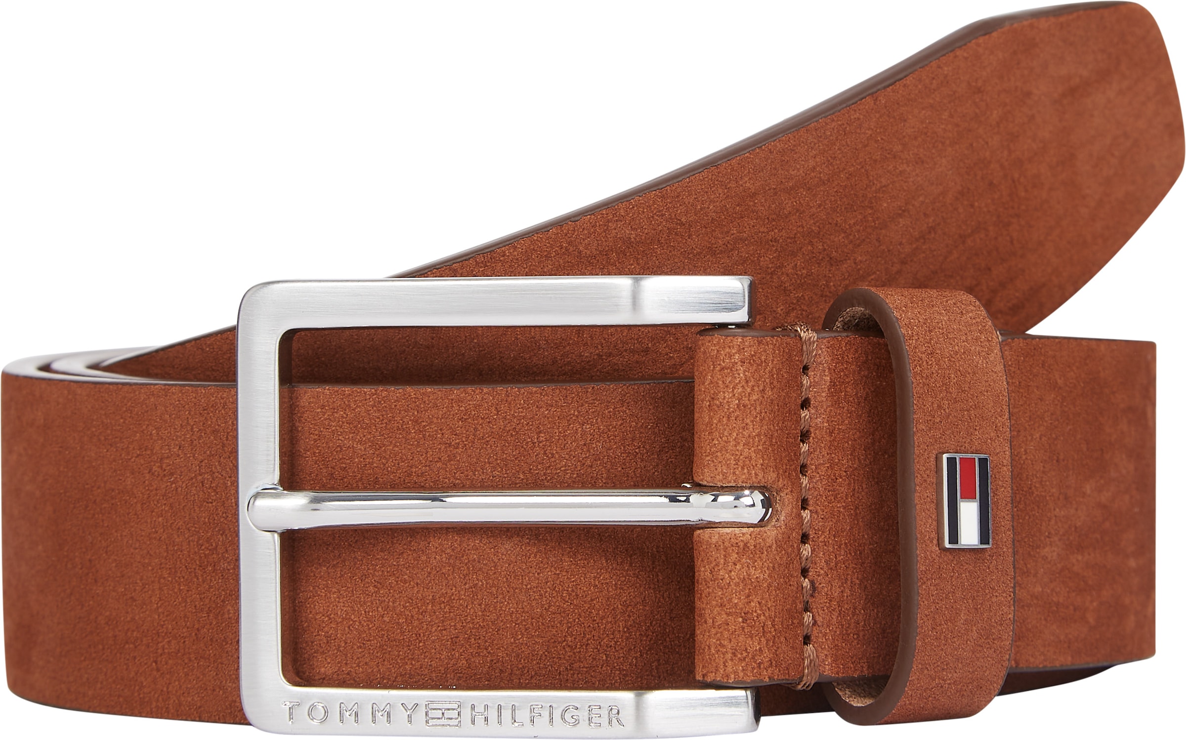 TOMMY HILFIGER Ledergürtel »OLIVER NUBUCK 3.5«, Metallpatch, Einfachdornschließe