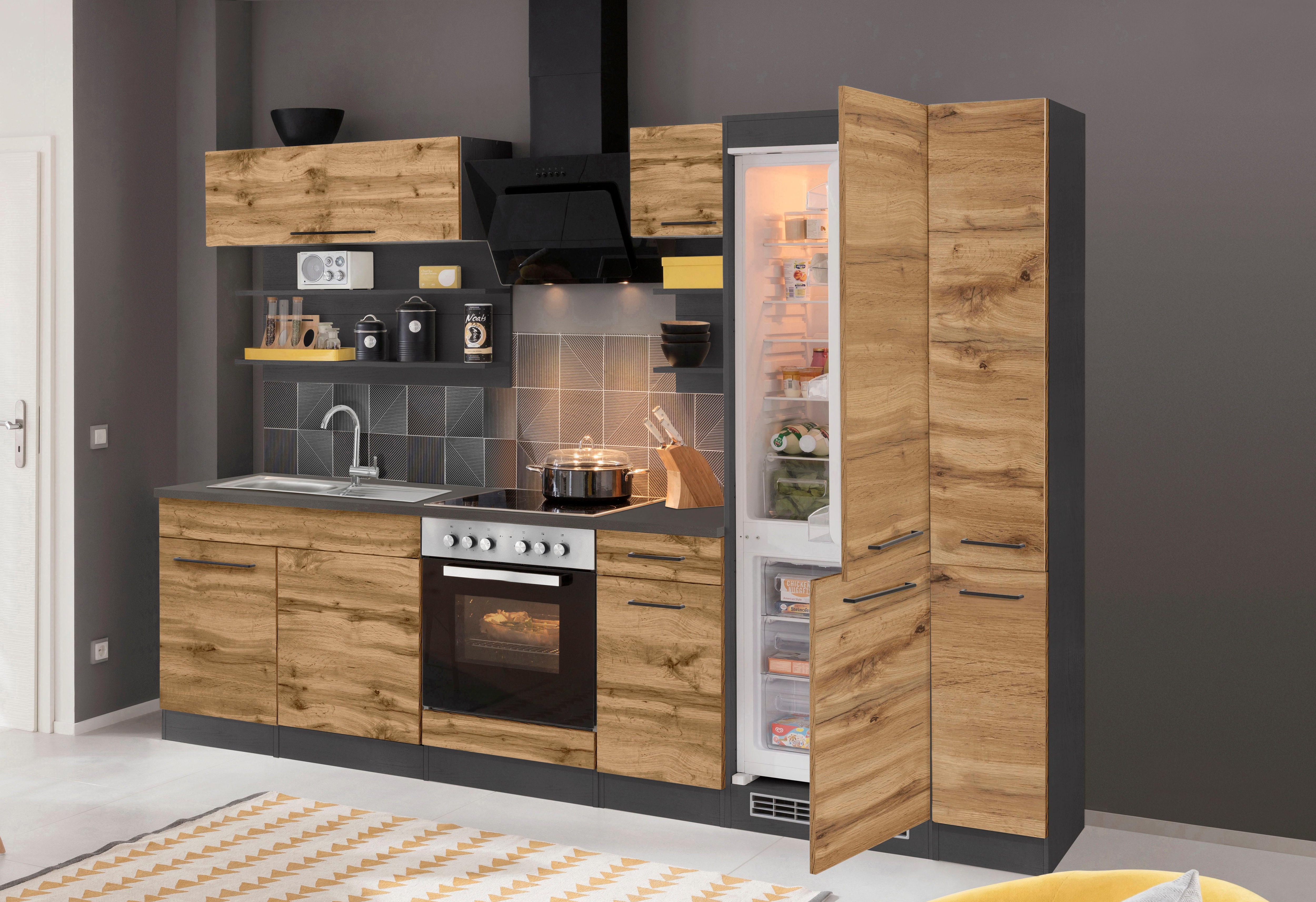 Thumbnail - KOCHSTATION Küchenzeile "KS-Tulsa" mit E-Geräten, Breite 300 cm, schwarze Metallgriffe, MDF Fronten