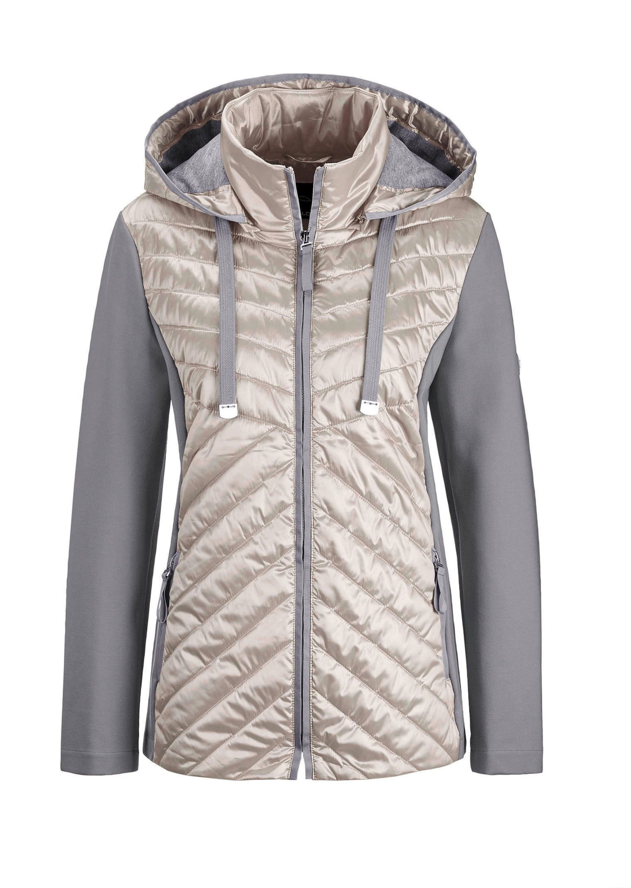 Kurzjacke GOLDNER "Steppjacke mit abnehmbarer Kapuze", Damen, Gr. 54, beige (stein), Obermaterial: 60% Polyester PES. 40% Polyamid PA., Sonstiges, Jacken Kurzjacke, Kontrastfarbige Blenden und Details