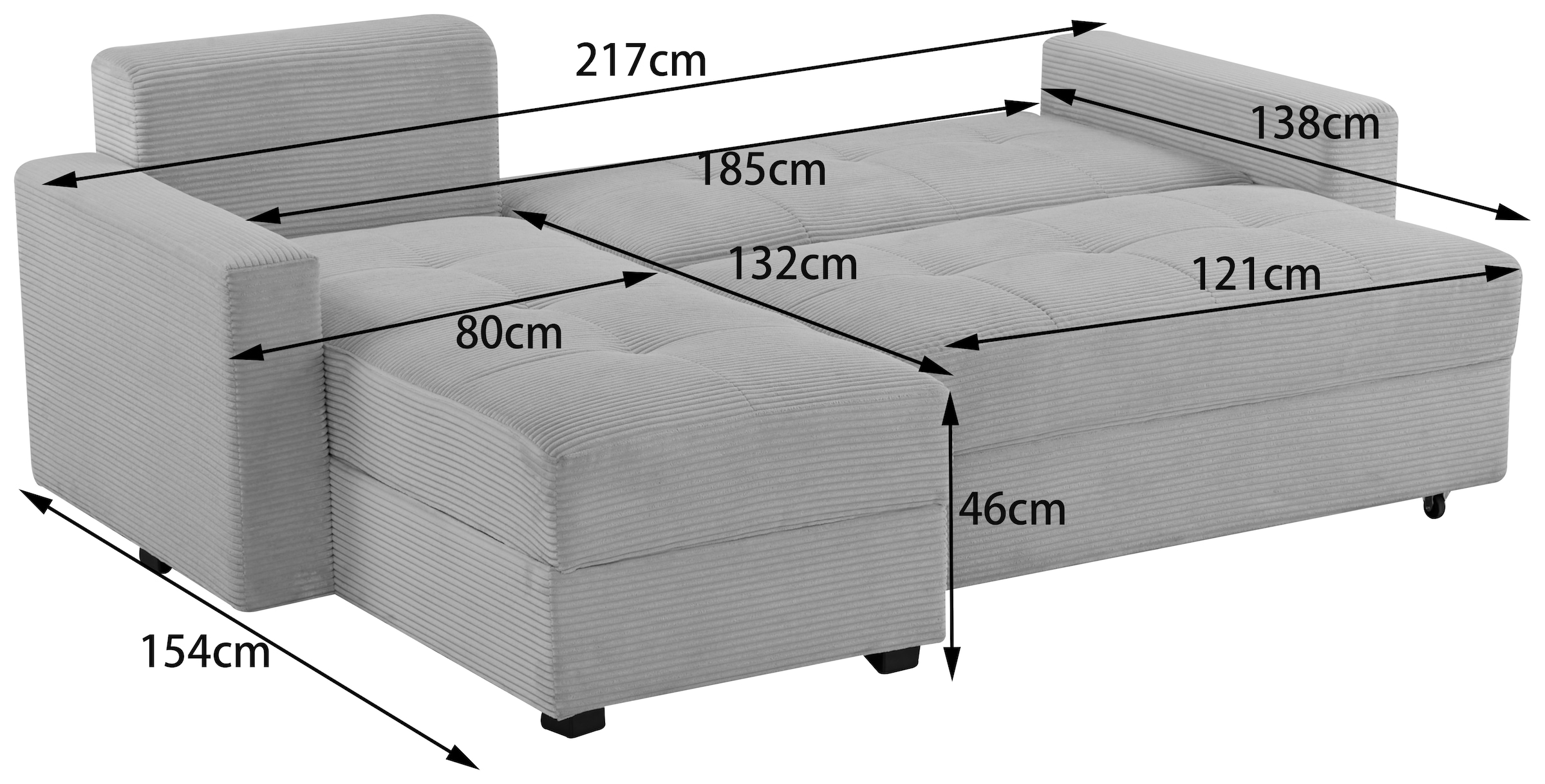 INOSIGN Ecksofa »KILLAM, 217 cm, L-Form, mit Schlaffunktion u. Bettkasten«, Recamiere rechts / links montierbar, in Cord und Webstoff