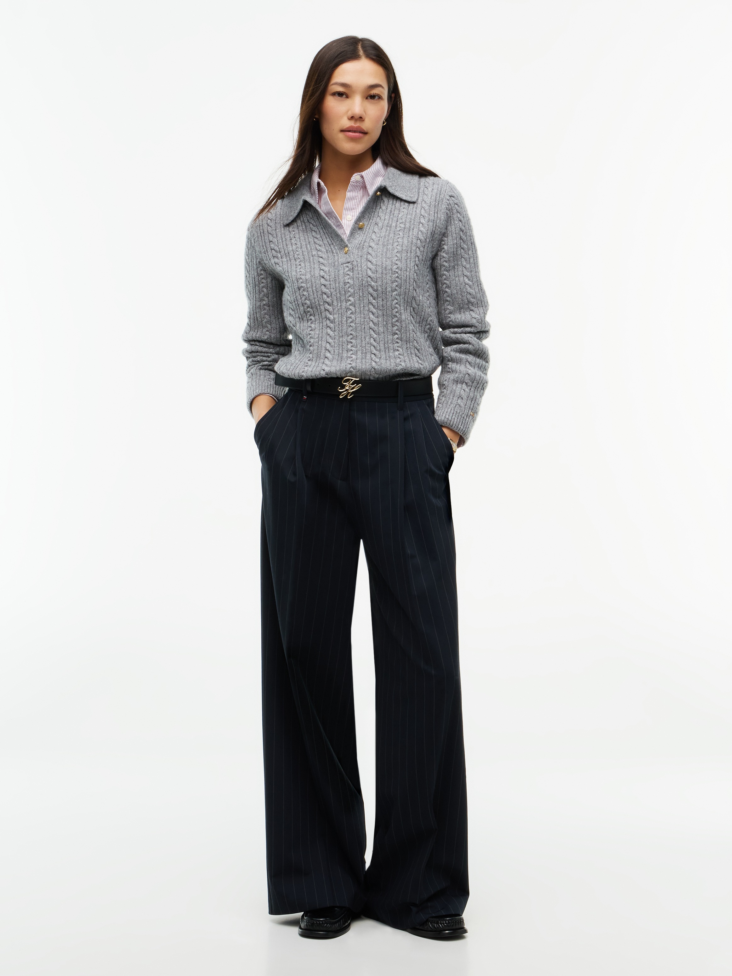 Tommy Hilfiger Polokragenpullover »LS POLO CABLE SWEATER REG FIT« Materialmix, mit Zopfmuster