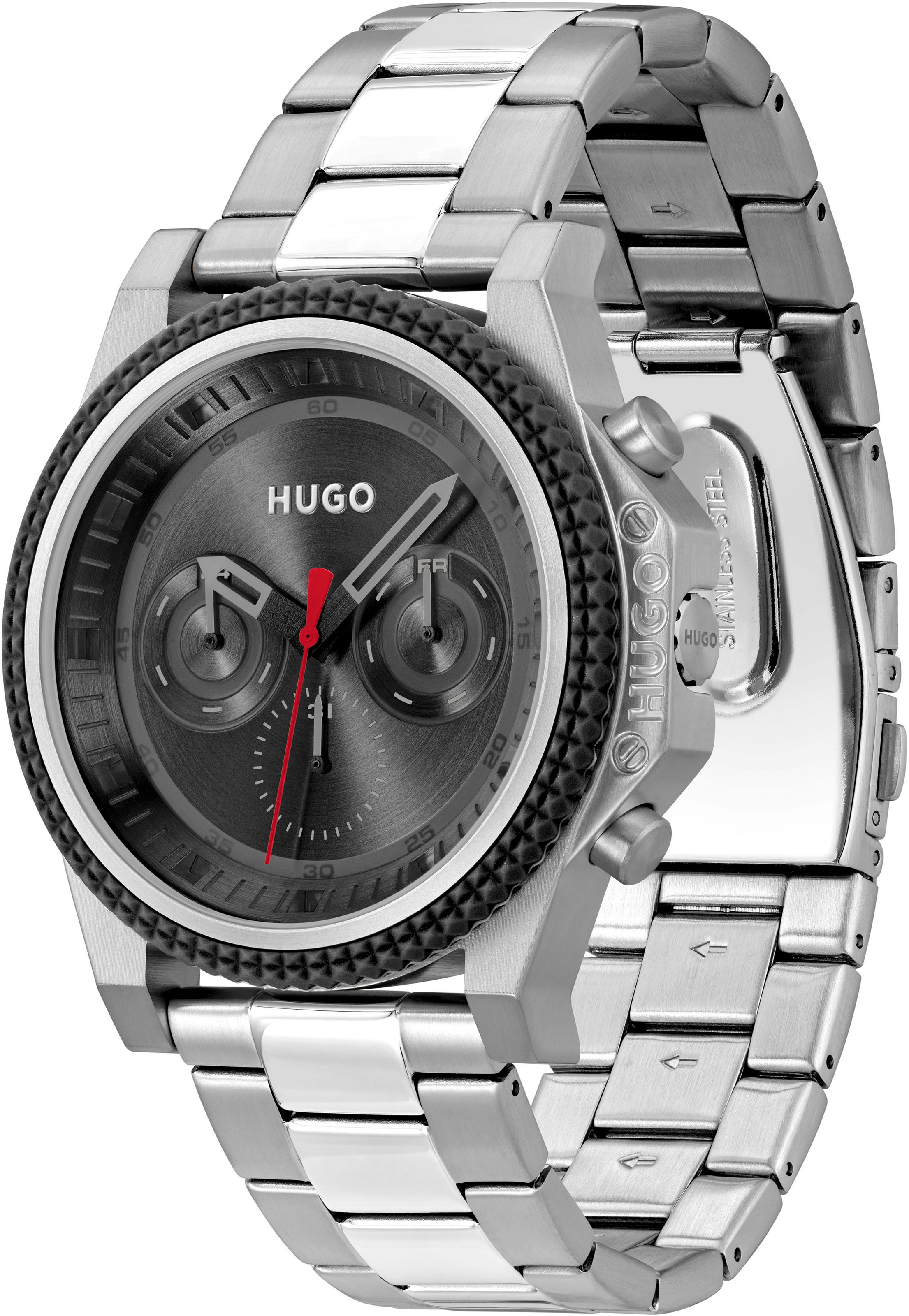 HUGO Multifunktionsuhr »#BRAVE«, Quarzuhr, Armbanduhr, Herrenuhr, Datum, Edelstahlarmband