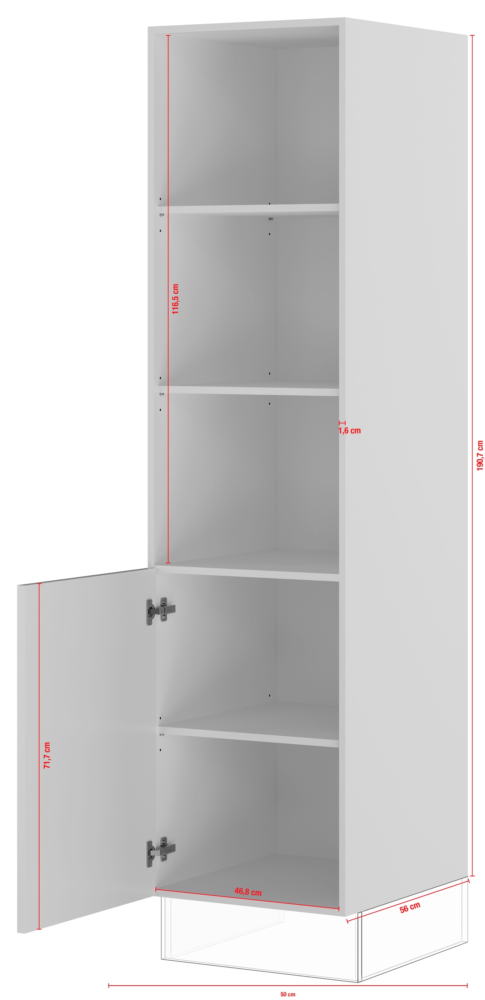 IMPULS KÜCHEN Seitenschrank »"Turin", Breite/Höhe: 50/190,7 cm«, vormontiert, mit Drehtür, mit verstellbaren Fachböden