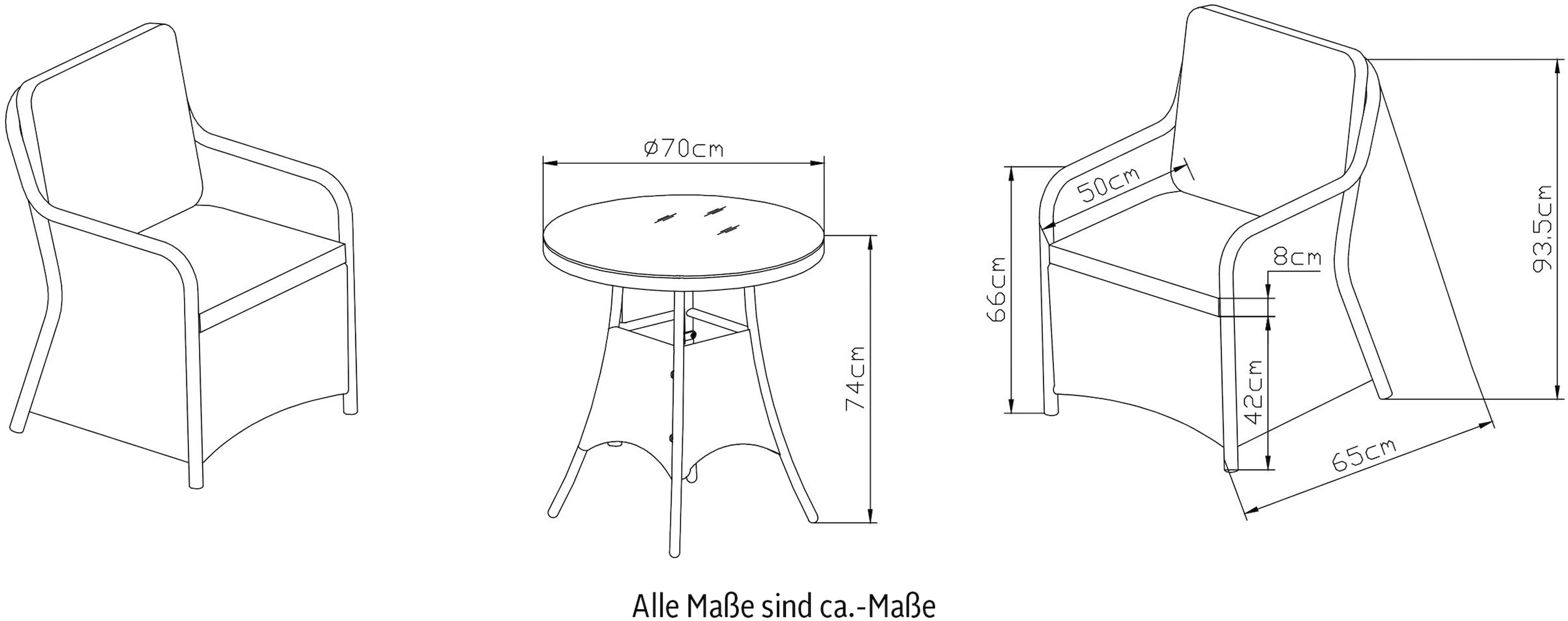 KONIFERA Garten-Essgruppe »Menorca« Set, 2x Sessel, 1x Tisch Ø 70 cm, inkl. Auflagen, Polyrattan, Aluminium, 3 Stk. tlg. Polyrattan, Aluminium, Tischplatte aus 5mm starkem Sicherheitsglas