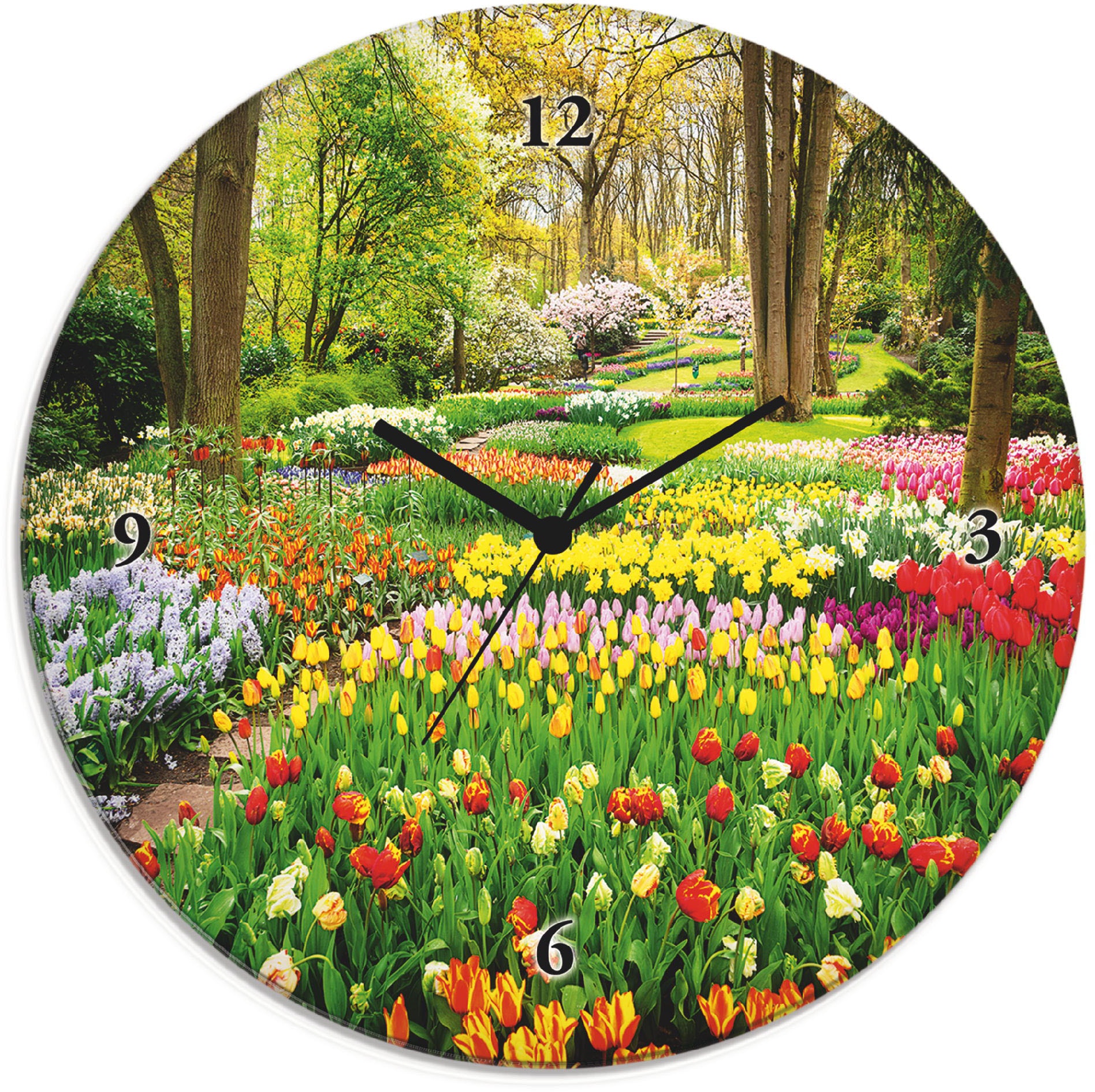 Artland Wanduhr "Glasuhr rund Tulpen Garten Frühling", wahlweise mit Quarz- oder Funkuhrwerk, lautlos ohne Tickgeräusche