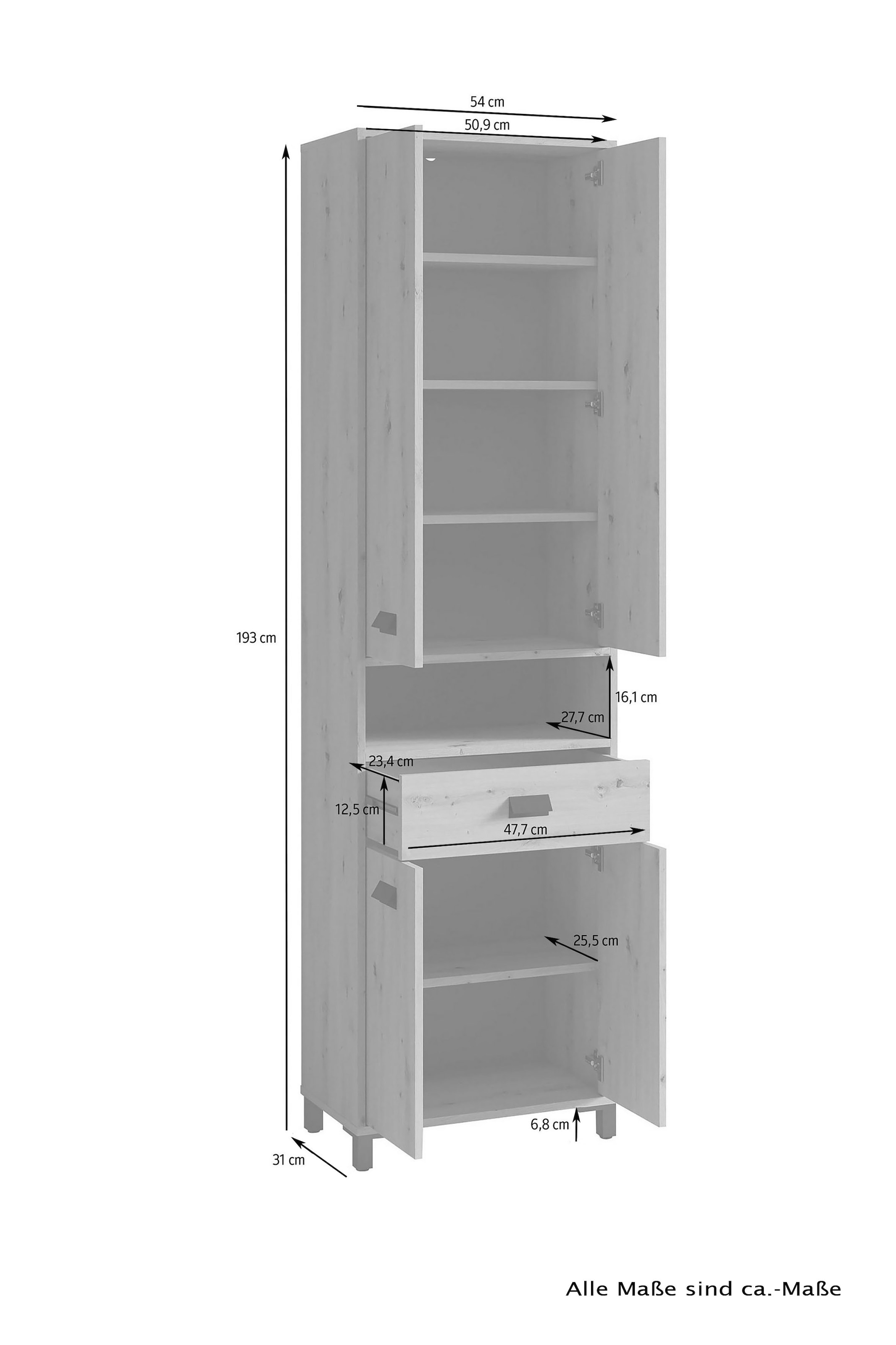 byLIVING Hochschrank »Wellness«, Badezimmer Hochschrank mit 4 Türen und Schubkasten für viel Stauraum