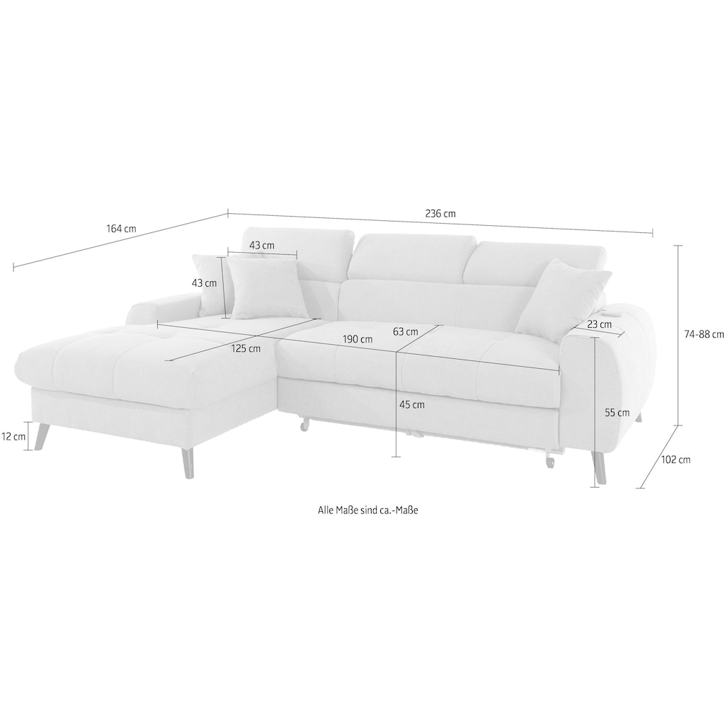 COTTA Ecksofa »Mia«, 3-tlg.-Kissen-Set, Recamiere, wahlweise mit oder ohne RGB-Beleuchtung