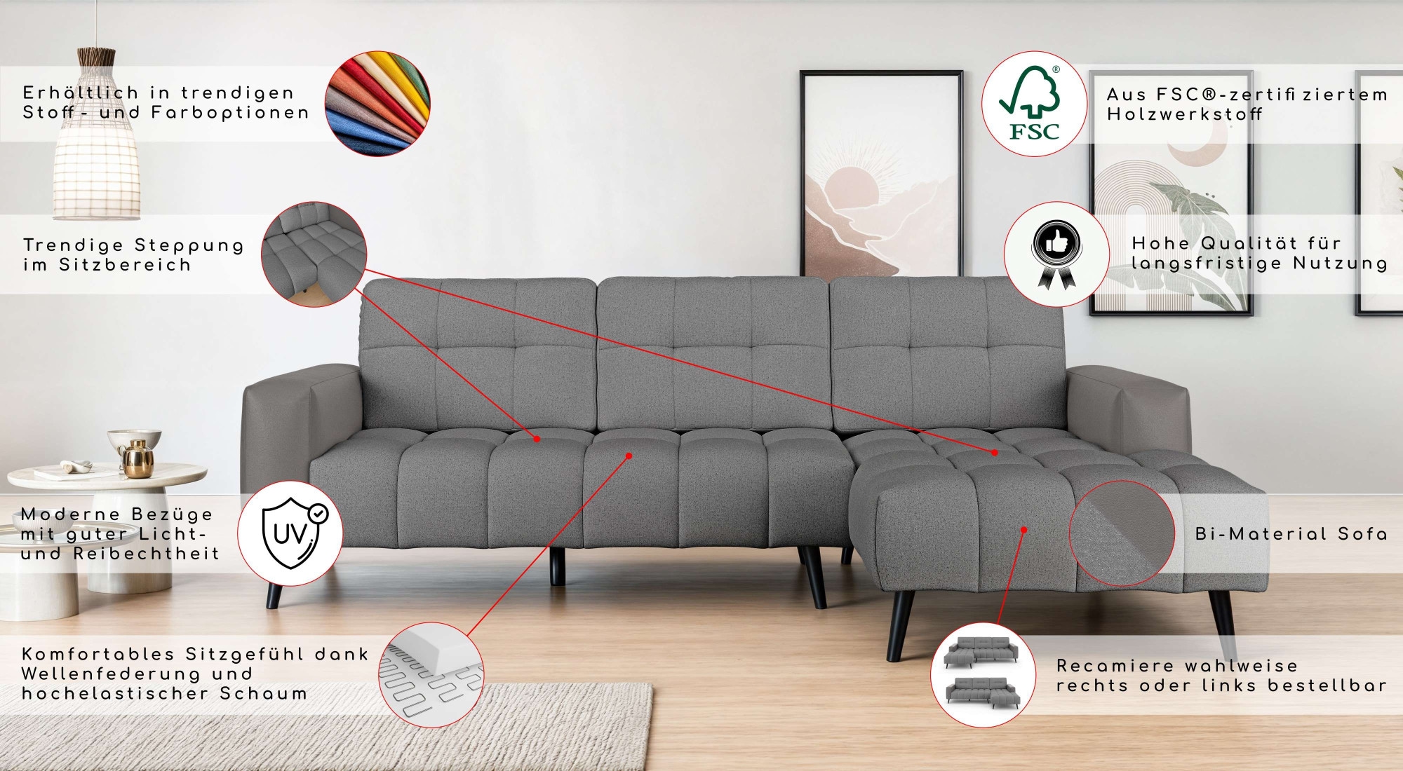 INOSIGN Ecksofa »SERINE mit Recamiere rechts/links bestellbar, Maße B/H/T 253/91/161 cm«, L-Form mit Wellenunterfederung, 3 Rückenkissen, ohne Bettfunktion