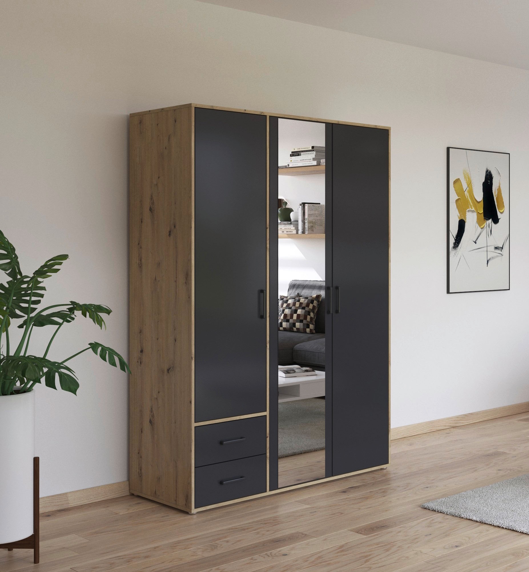rauch Drehtürenschrank »Kleiderschrank Schrank Garderobe Wäscheschrank VOYAGER«, (in 3 verschiedenen Ausstattungen BASIC/CLASSIC/PREMIUM), mit modernen Griffen in Graumetallic, inkl. Schubkästen und Spiegel