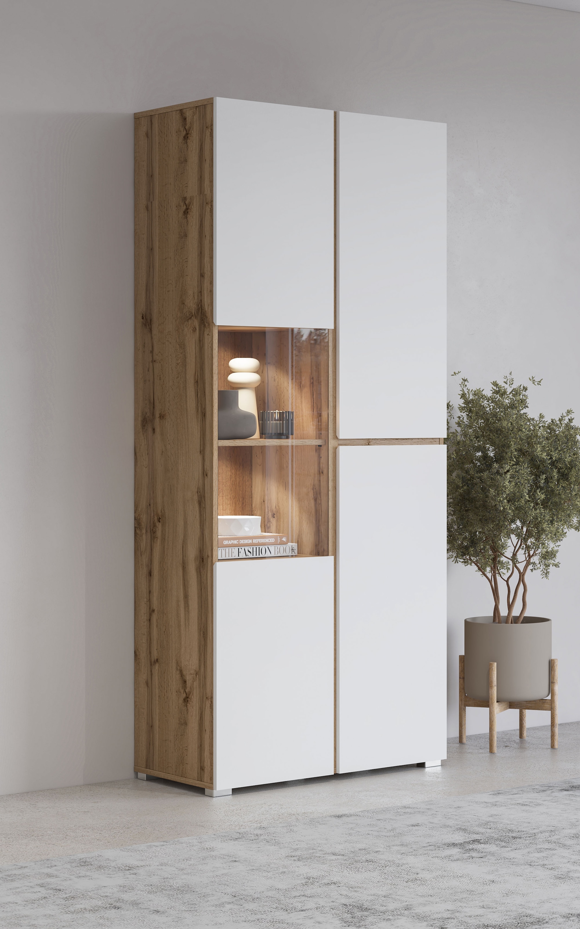 OTTO home Vitrine "Cross, Höhe 183,5 cm, moderne grifflose Standvitrine mit 3 Türen" Hochschrank mit viel Stauraum, Glastür und verstellbaren Einlegeböden