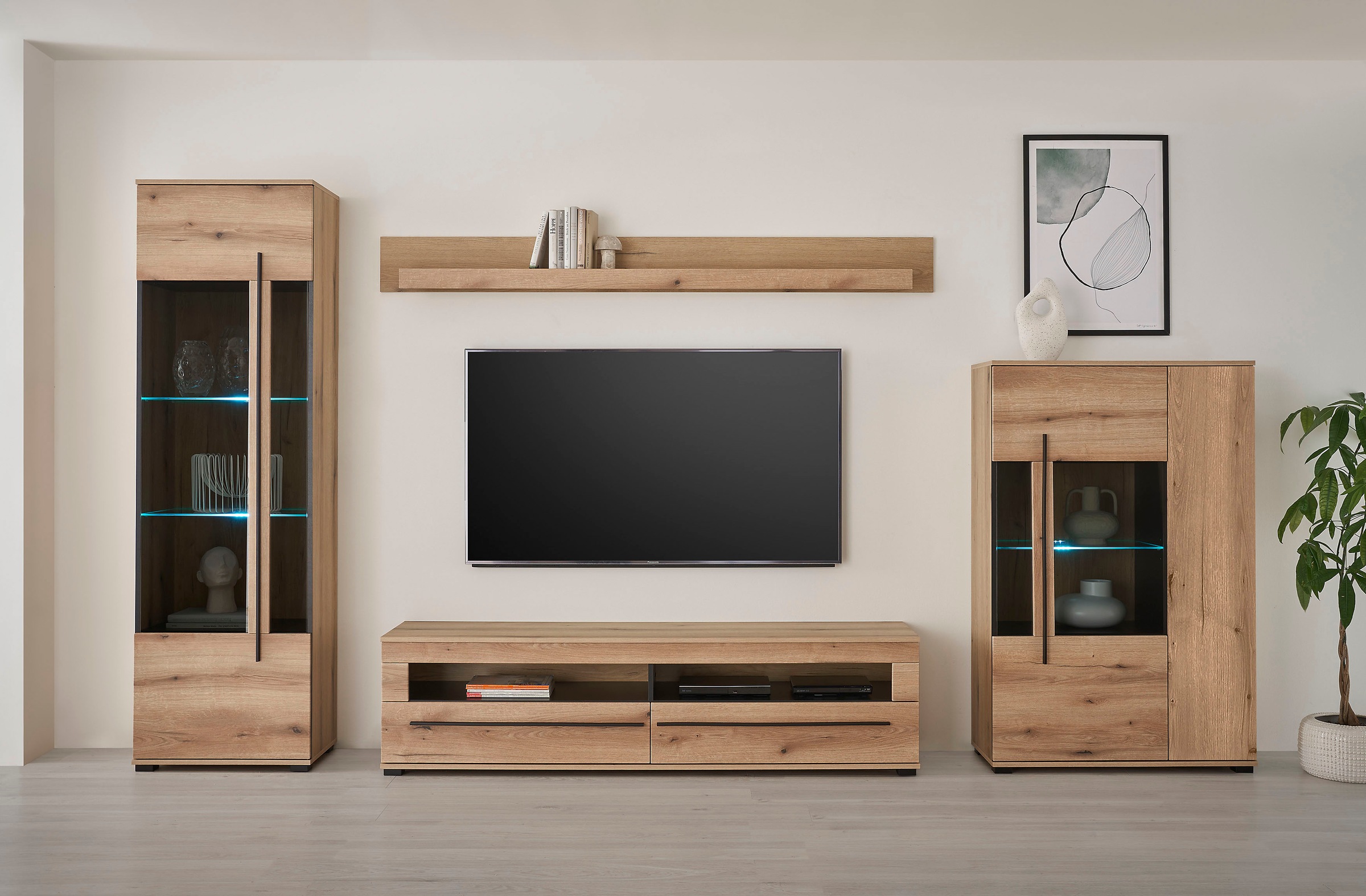 INOSIGN Wohnwand »Cantara, moderne Anbauwand, Wohnzimmer-Set, in Eiche Evoke oder Weiß«, (Set, 4 St.), enthält zwei Vitrinen, ein Lowboard und ein Wandboard