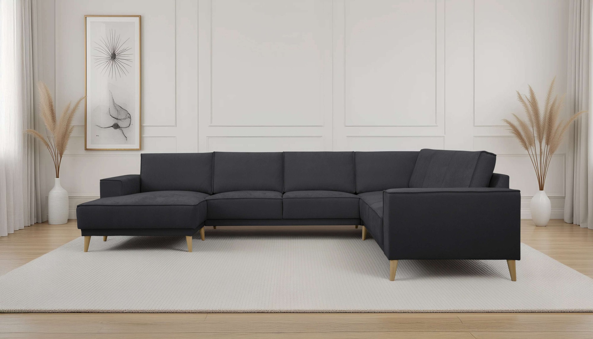 OTTO home Wohnlandschaft "Oland Skandi, weicher Chenille-Stoff" U-Form, 342 cm, Wellenunterfederung, Skandi-Design, Massivholzfüße