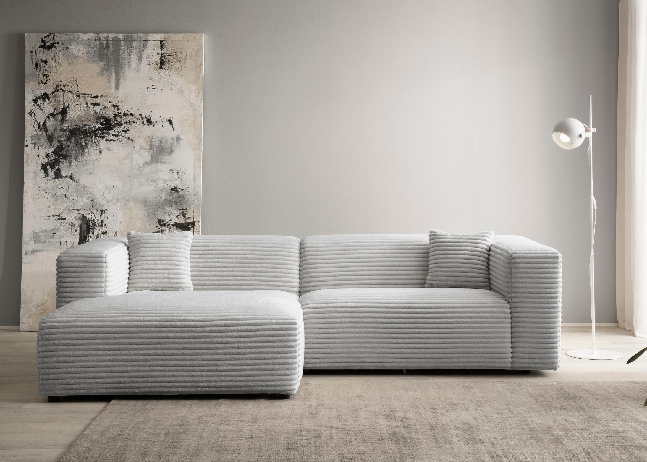 andas Ecksofa »BAKELS, L-Form in Cord oder Boucle-Stoff, moderne Couch«, wahlweise Recamiere rechts/links, bequemer Sitzkomfort