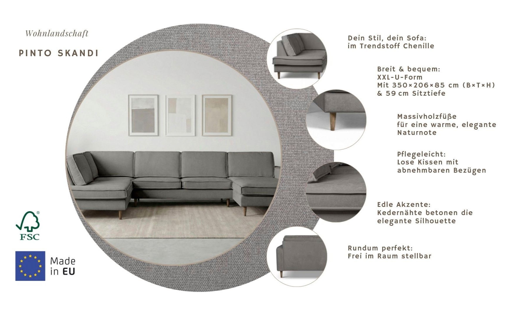 Thumbnail - Home affaire Wohnlandschaft "Pinto Skandi, 350 cm, U-Form, XXL, mit Ottomanen" mit Keder, Massivholzfüße Eiche geräucher...