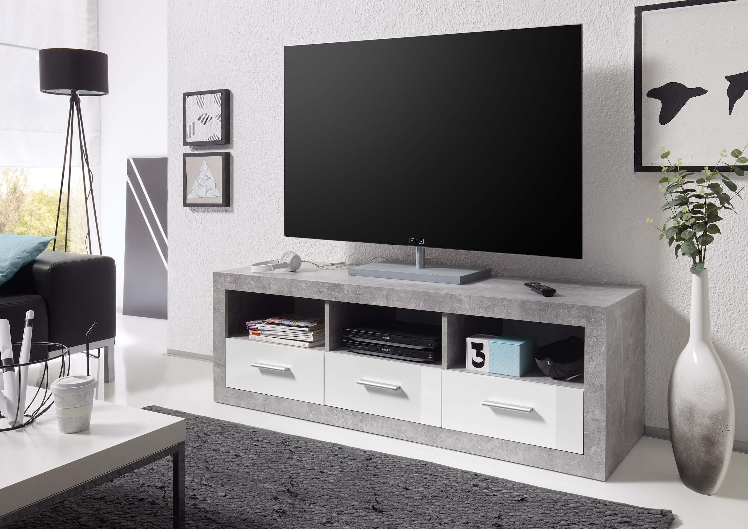 HBZ Lowboard "Stone weiß Hochglanz, TV Möbel bis 55 Zoll, BxHxT 147x49x45 c günstig online kaufen