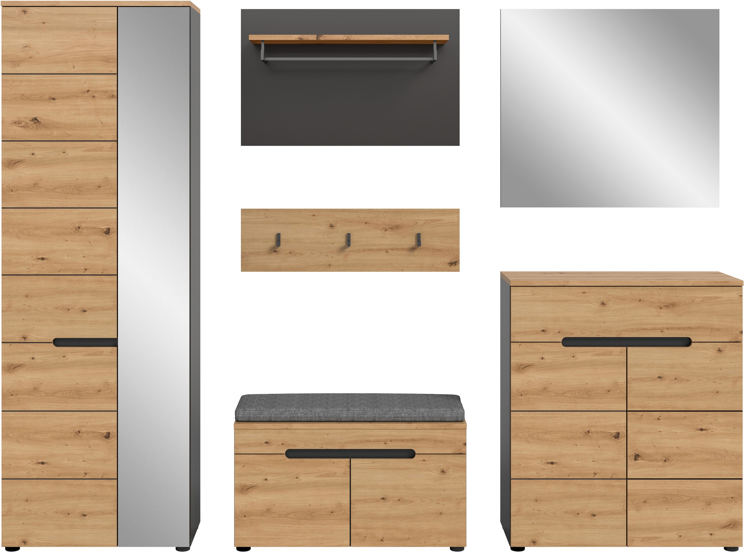 INOSIGN Garderoben-Set, (Set, 6 St., Schrank, Sitzbank, Sitzkissen, Paneel, Hakenleiste, Spiegel, Kommode), Garderobenkombination, Kombination, Set, Flurgarderobe, Diele