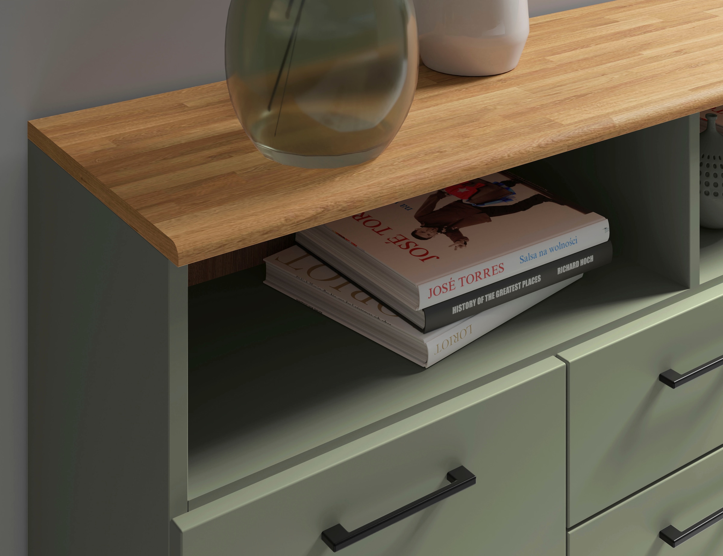 Home affaire Sideboard »Ribe,130cm breit,80cm hoch,Türen und Schubladen,6 Fächer«, Oberplatte Eiche massiv,schwarze Metall Griffe