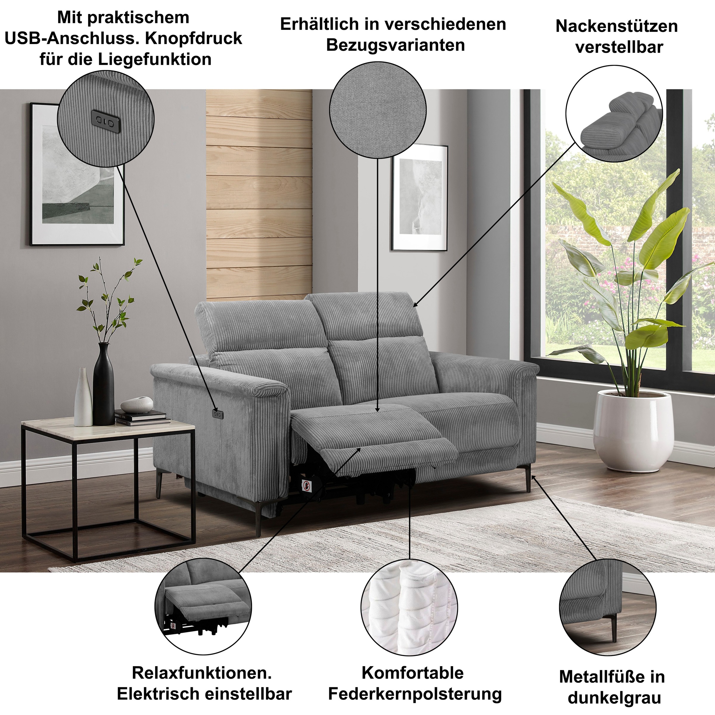 Thumbnail - Home affaire 2-Sitzer "Lund" manueller od. elektrischer Relaxfunktion und USB-C