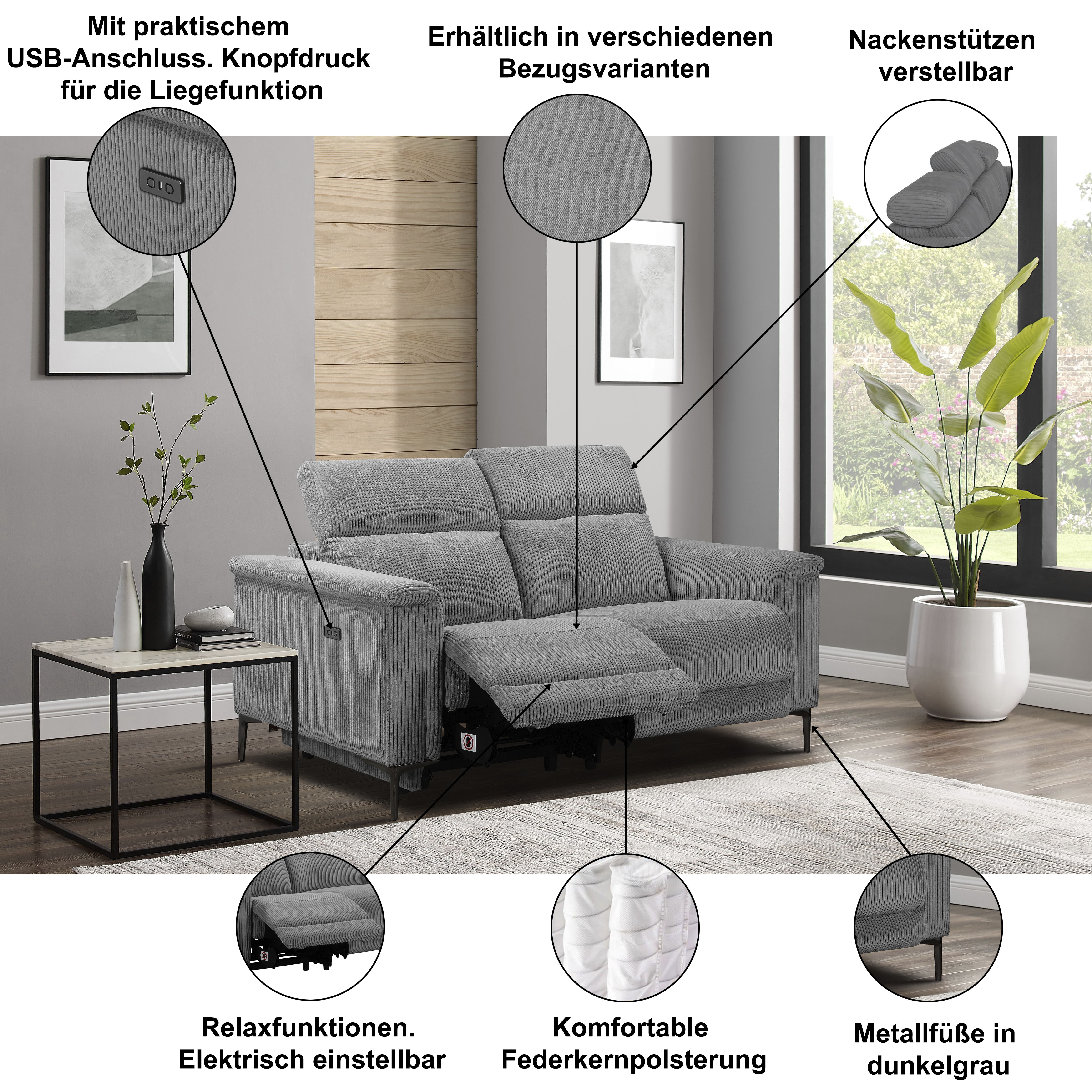 Thumbnail - Home affaire 2-Sitzer "Lund, mit Relaxfunktion und Kopfteilverstellung" manuell od. elektrisch (m.USB-C), Echtleder, Kun...