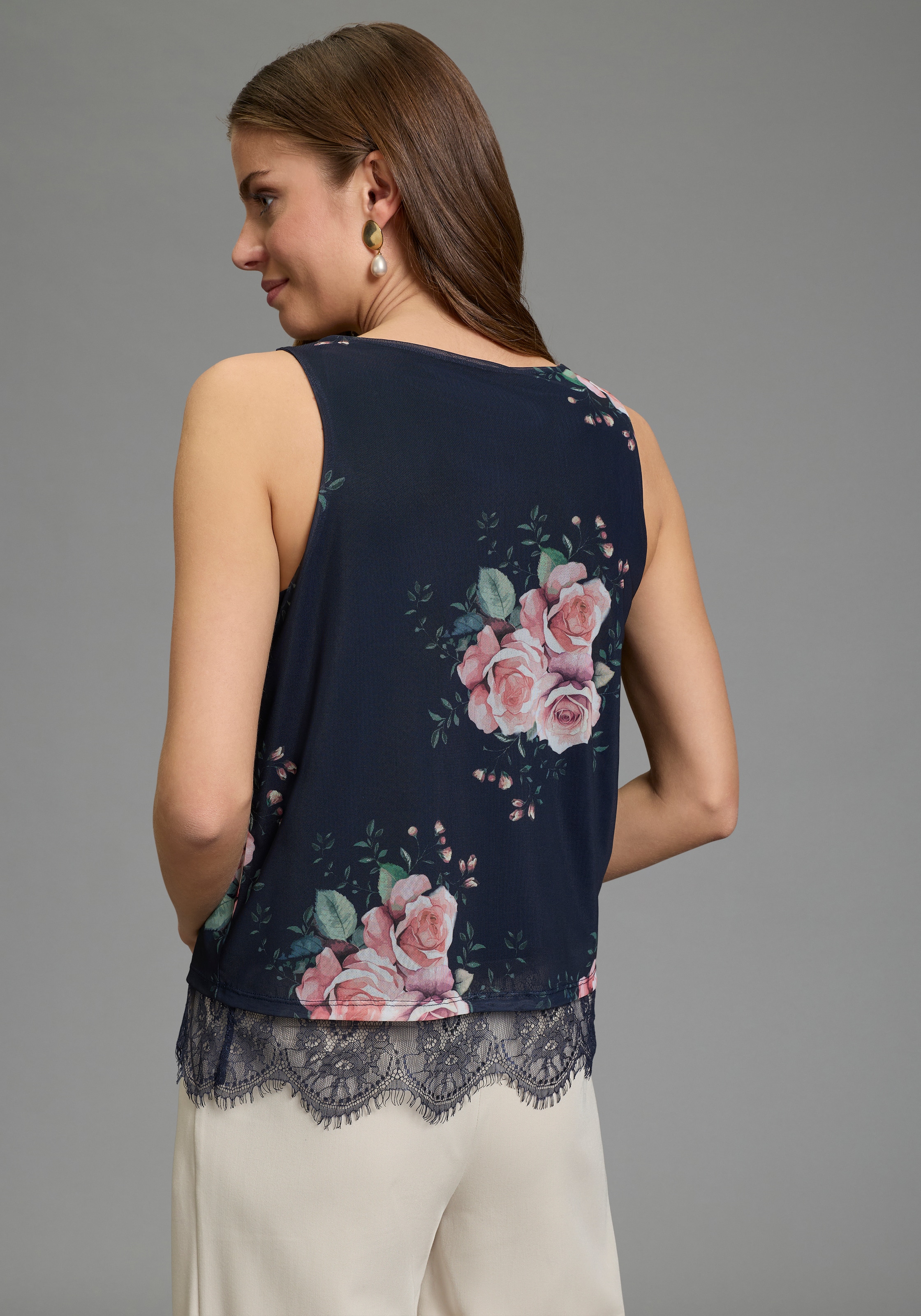 Laura Scott Blusentop aus weichem Mesh mit Spitze, geblümt