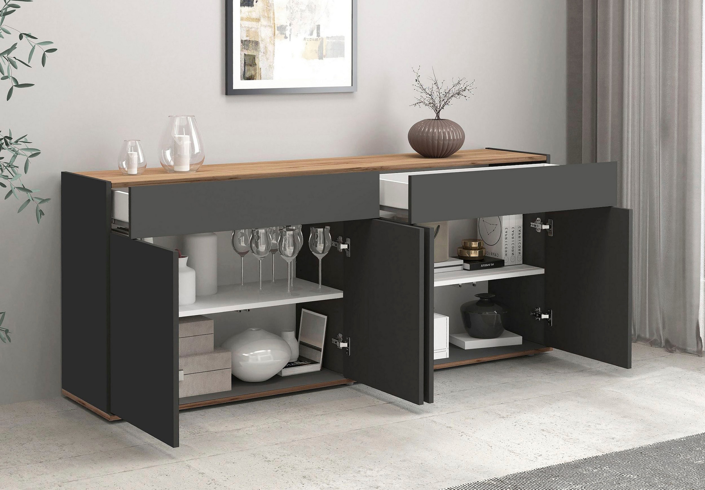 INOSIGN Sideboard »Garda Kommode, Schrank, 4 Türen mit Push-to-Open, Made in Italy« 4 Türen, 2 Schubladen, grifflos  Breite 160,1 cm, anthrazit/eiche matt