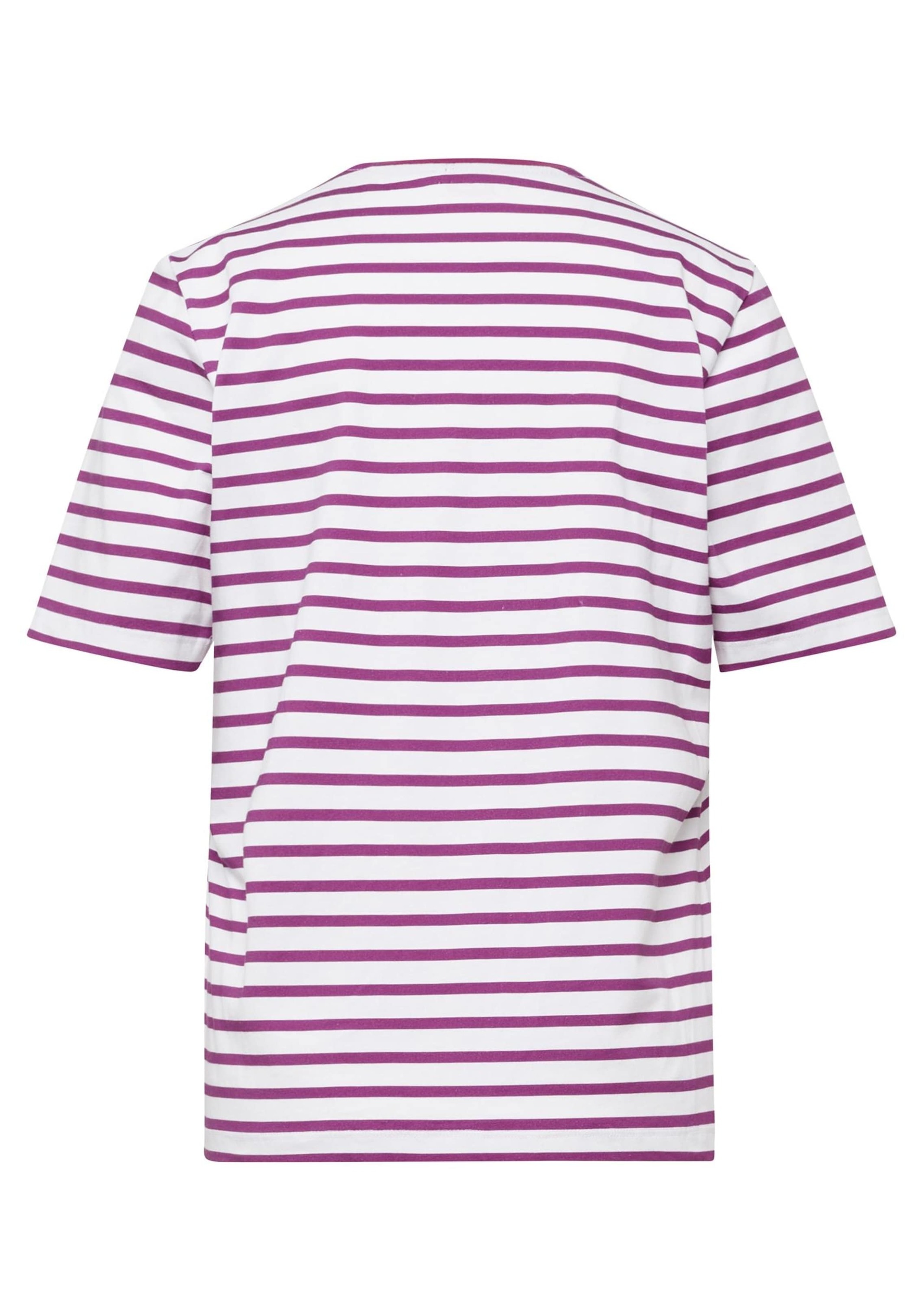 Kurzarmshirt GOLDNER "Ringelshirt mit Halbarm", Damen, Gr. 54, weiß (weiß, lila, geringelt), Obermaterial: 95% Baumwolle CO. 5% Elasthan EL., figurumspielend, normales Bündchen, Shirts, Ohne 3